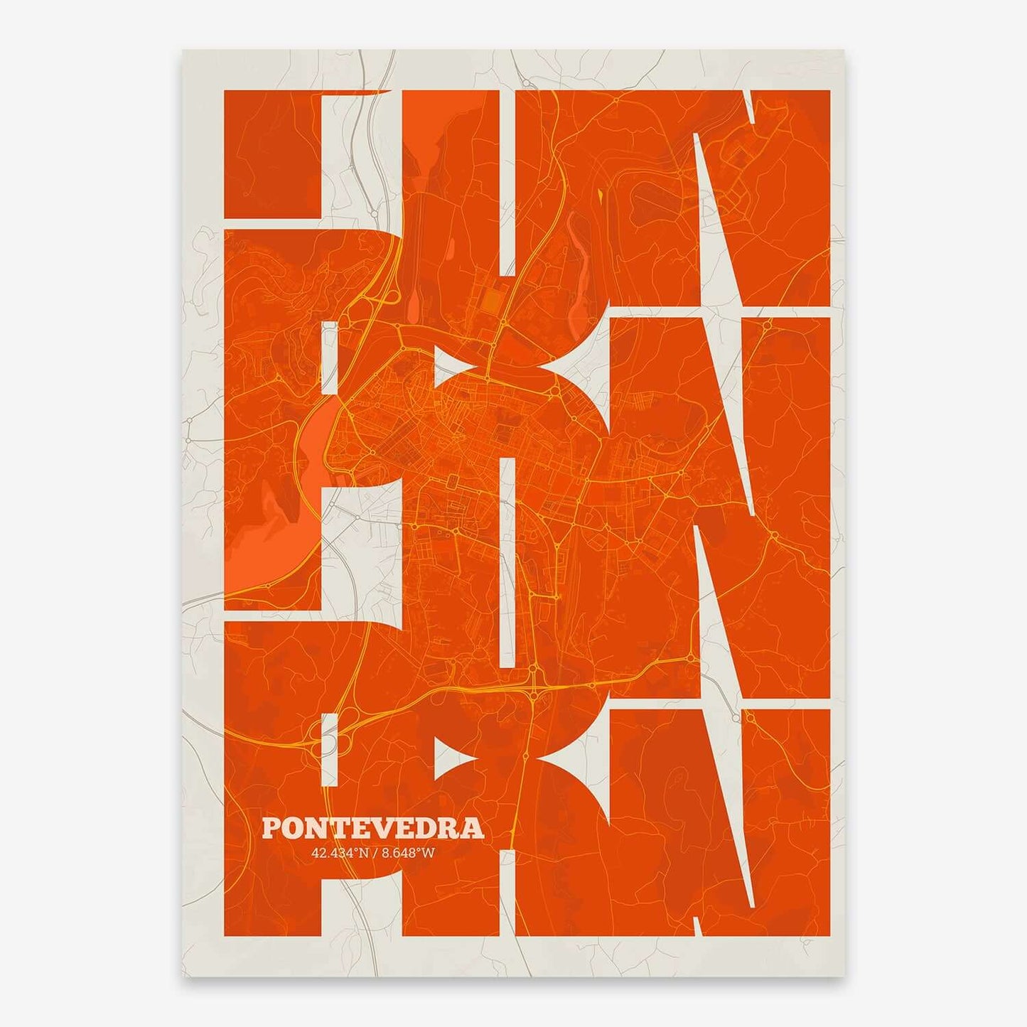 The map of Pontevedra composed with letters from its name or IATA code printed on orange and an off-white background