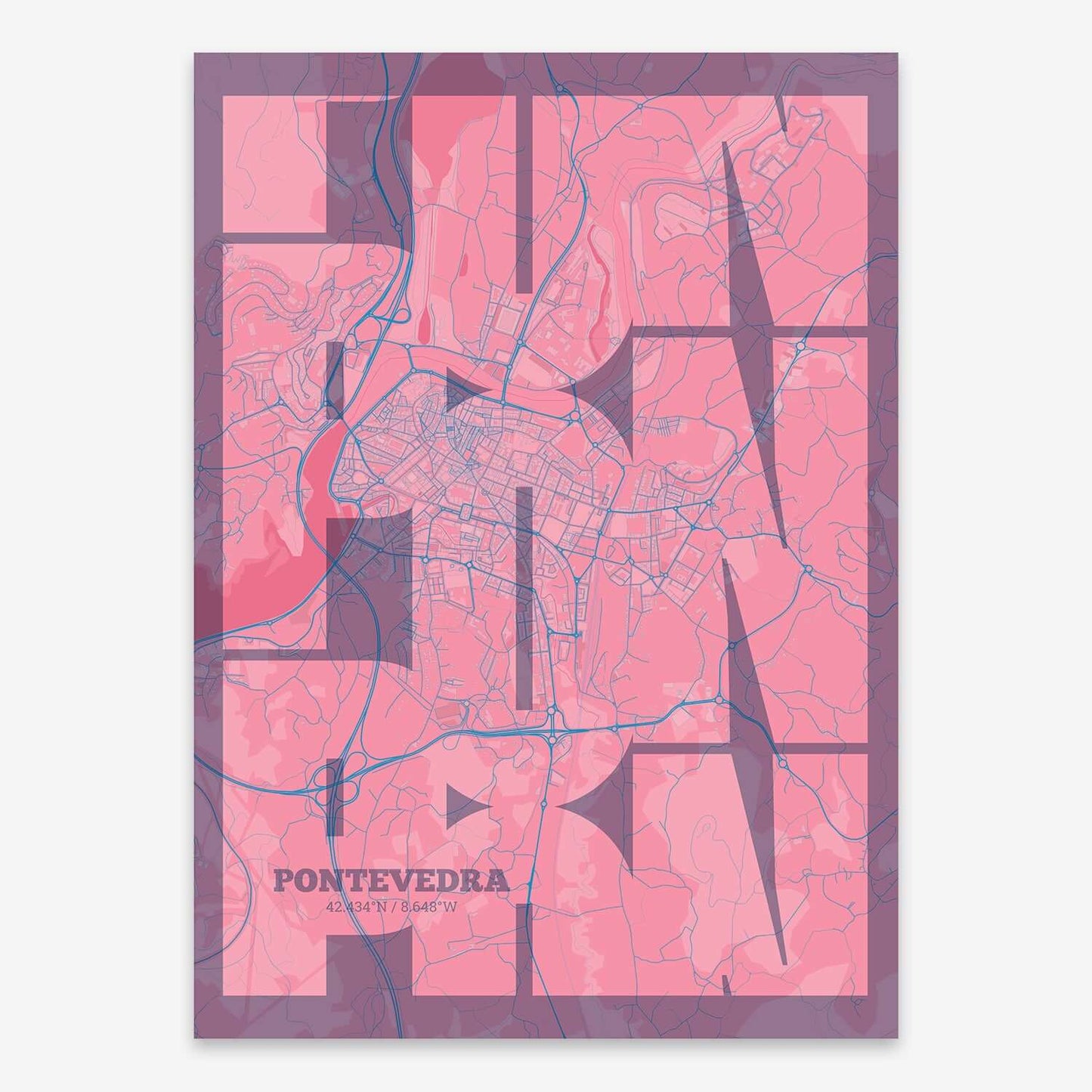 The map of Pontevedra composed with letters from its name or IATA code printed on violet y pink background