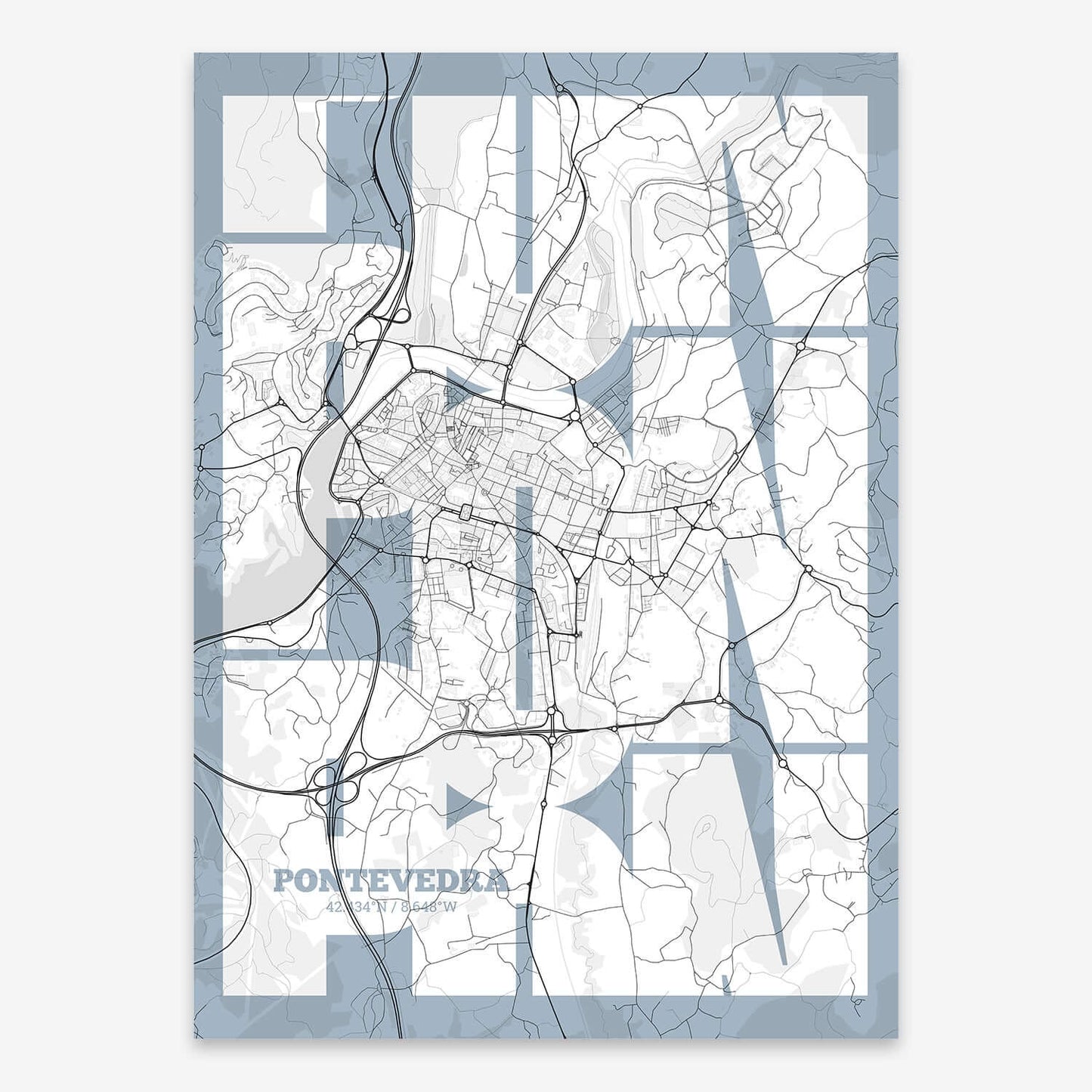The map of Pontevedra composed with letters from its name or IATA code printed on black and white