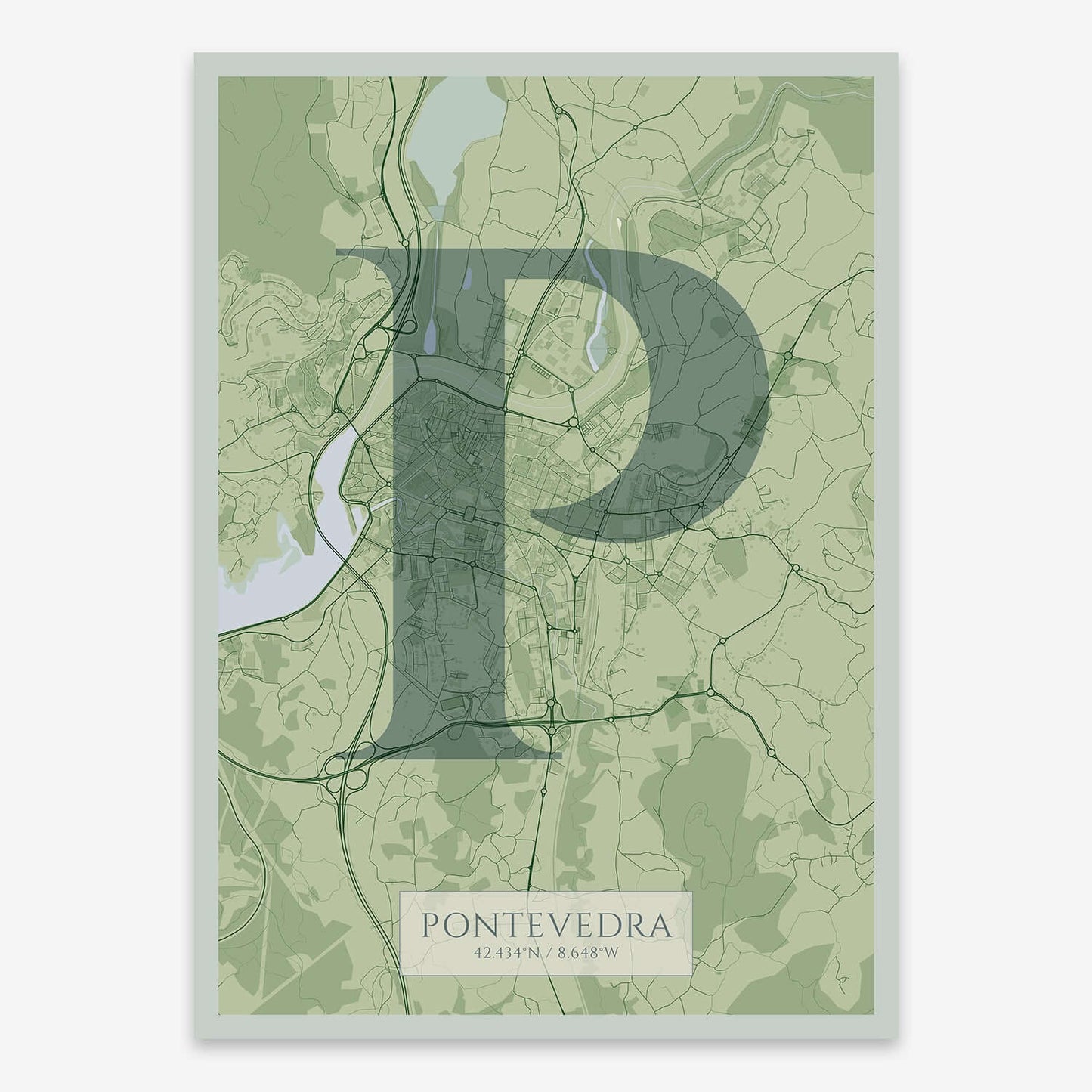 The map of Pontevedra composed with letters in serif font printed on two green tones