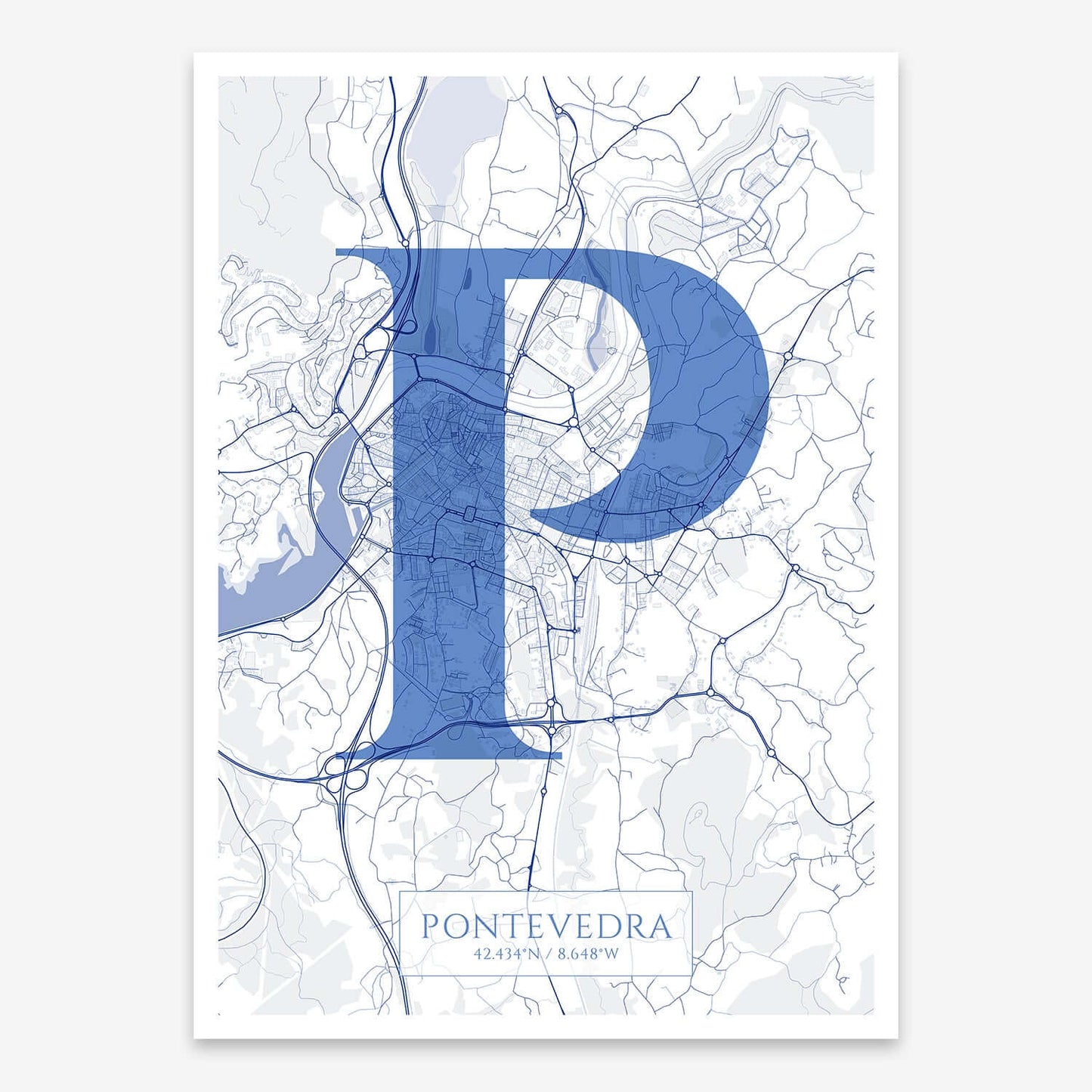The map of Pontevedra composed with letters in serif font printed on navy blue and white