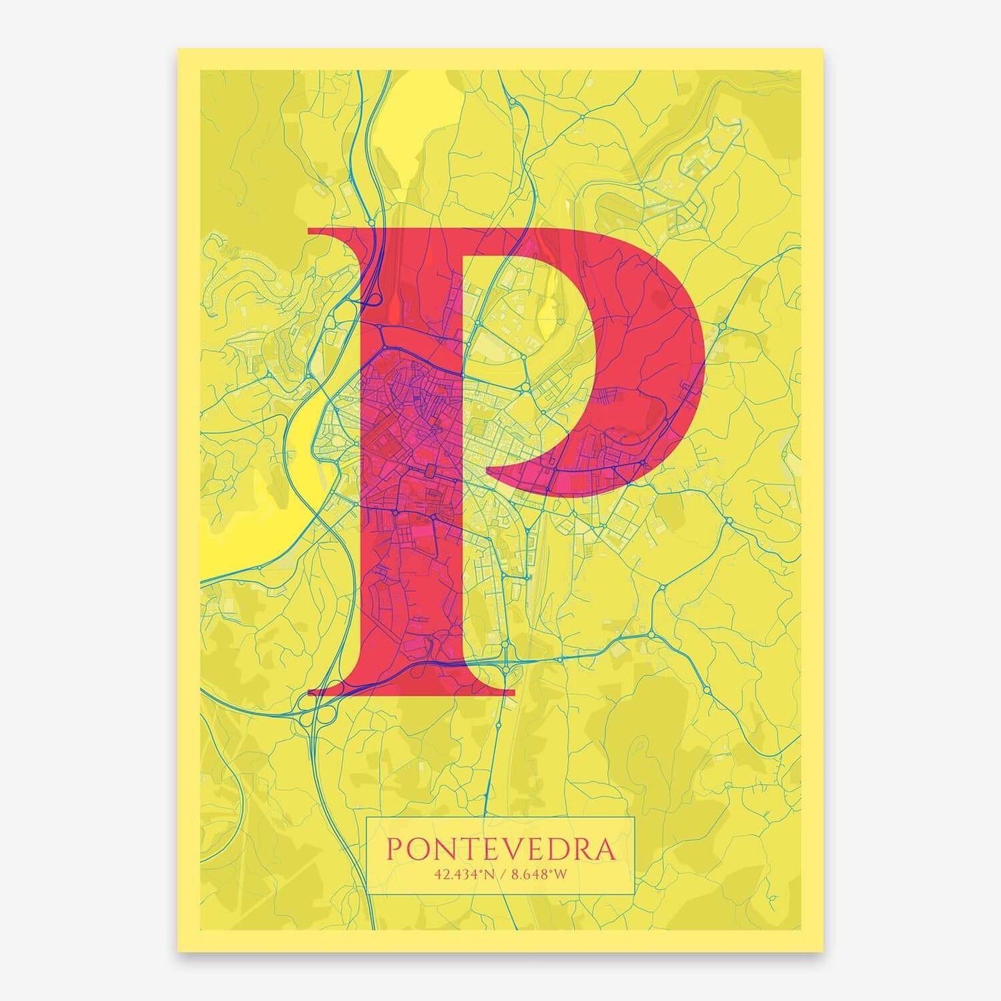 The map of Pontevedra composed with letters in serif font printed on yellow and fuchsia