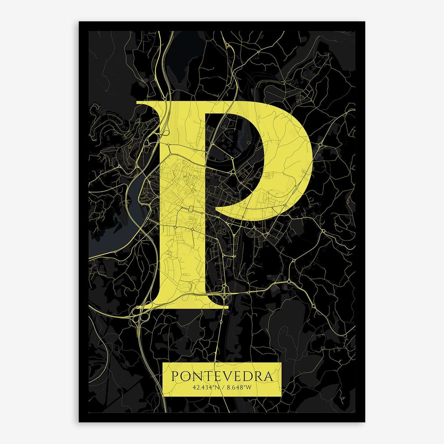 The map of Pontevedra composed with letters in serif font printed on black and yellow
