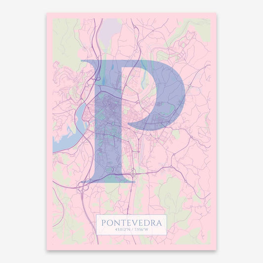 The map of Pontevedra composed with letters in serif font printed on pink and light blue