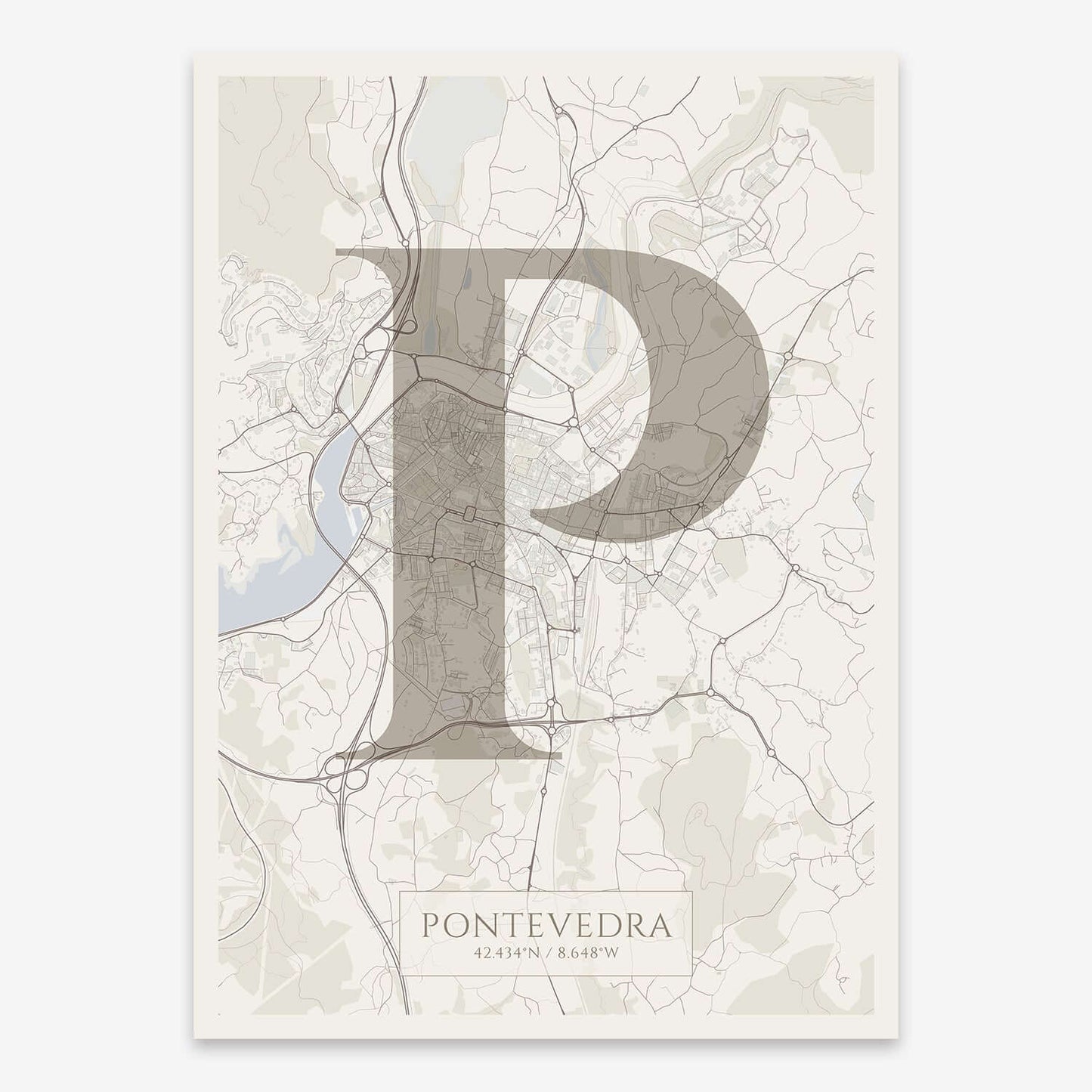 The map of Pontevedra composed with letters in serif font printed on light brown and an off-white background