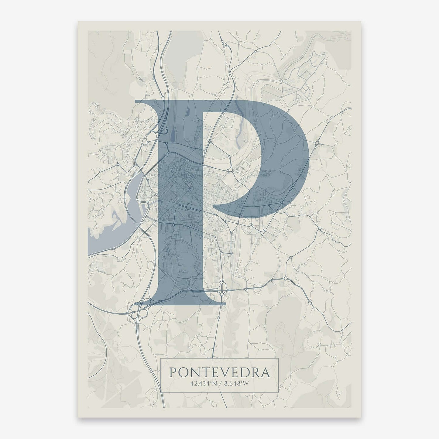 The map of Pontevedra composed with letters in serif font printed on bluish gray and an off-white background