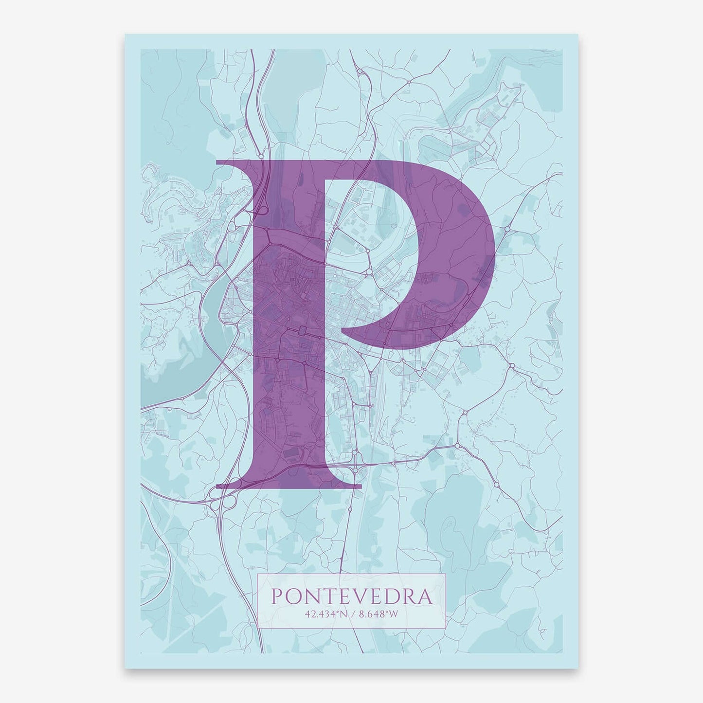 The map of Pontevedra composed with letters in serif font printed on purple and light blue