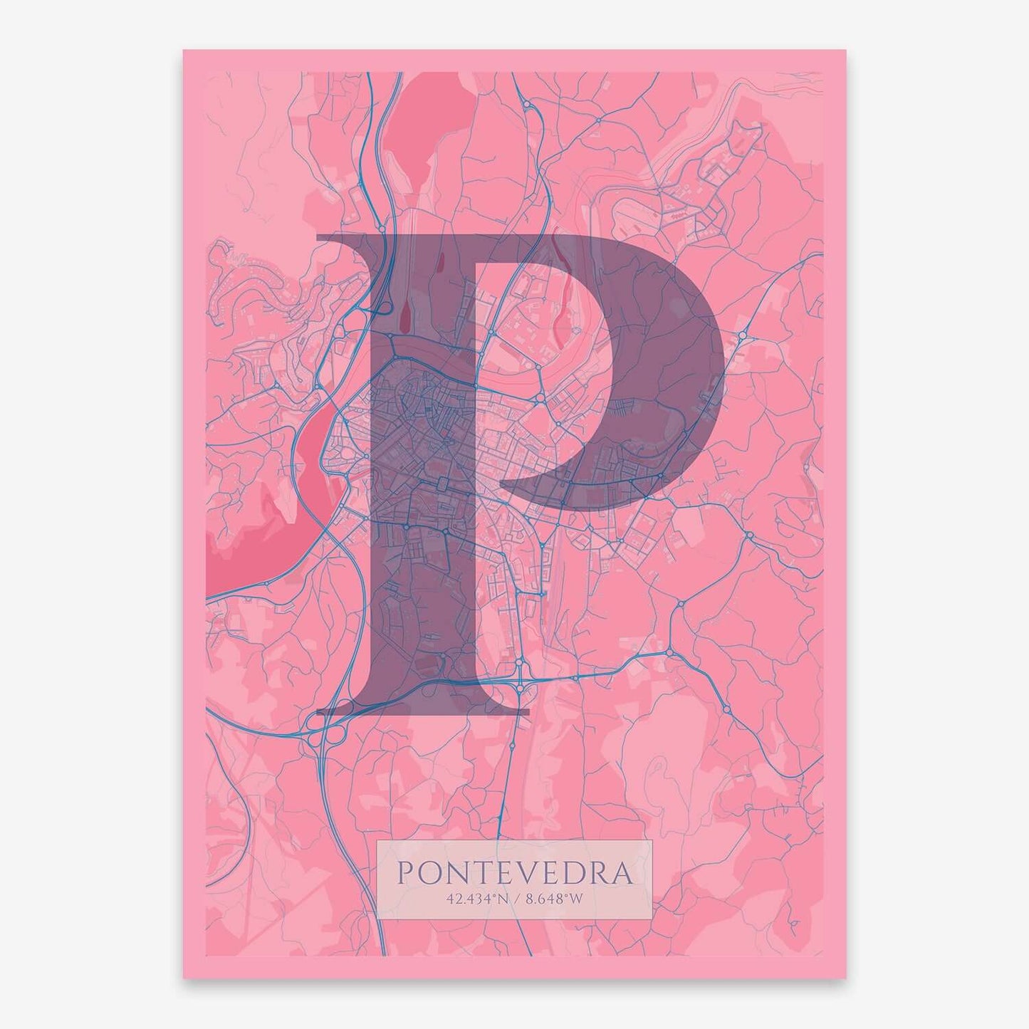 The map of Pontevedra composed with letters in serif font printed on violet y pink background