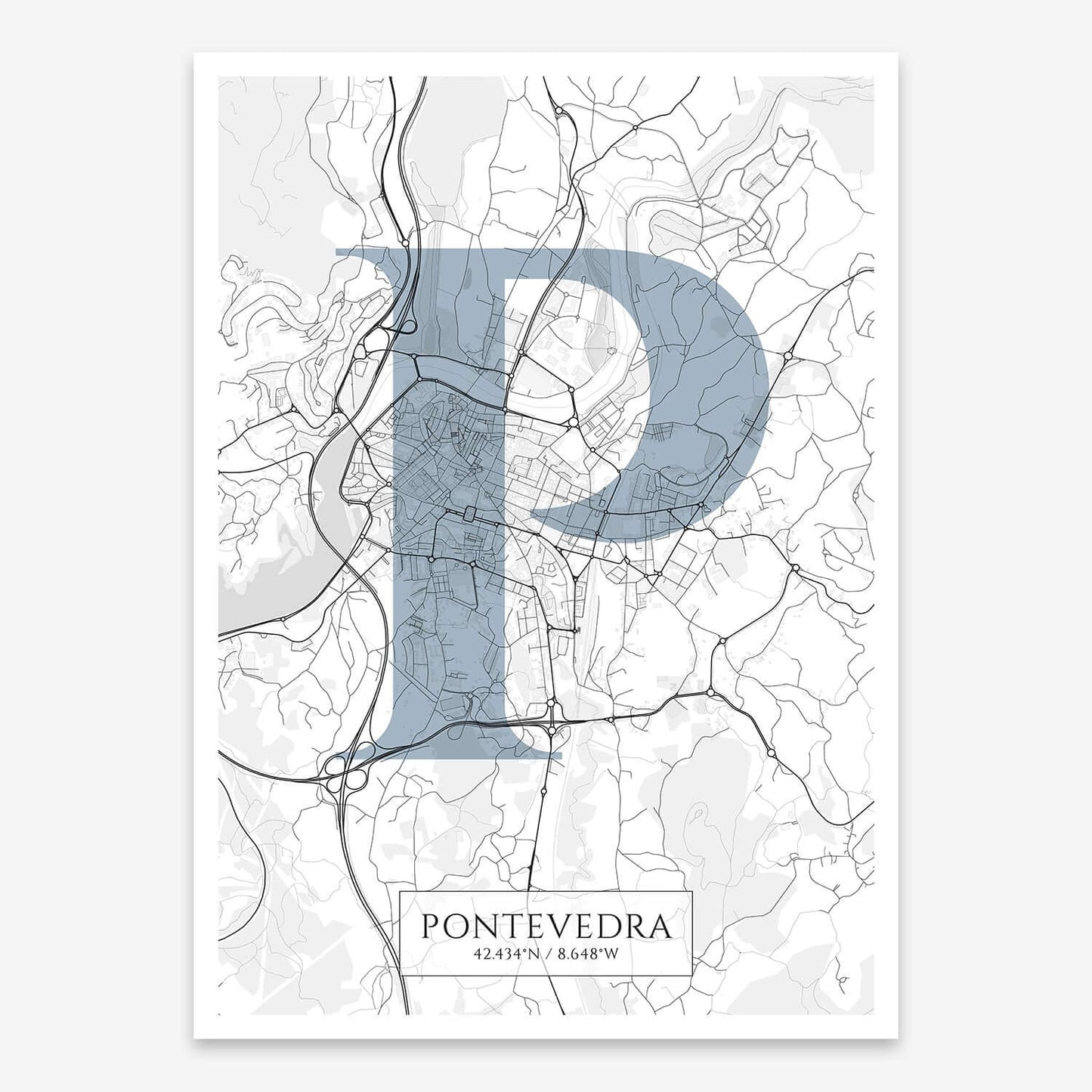 The map of Pontevedra composed with letters in serif font printed on black and white