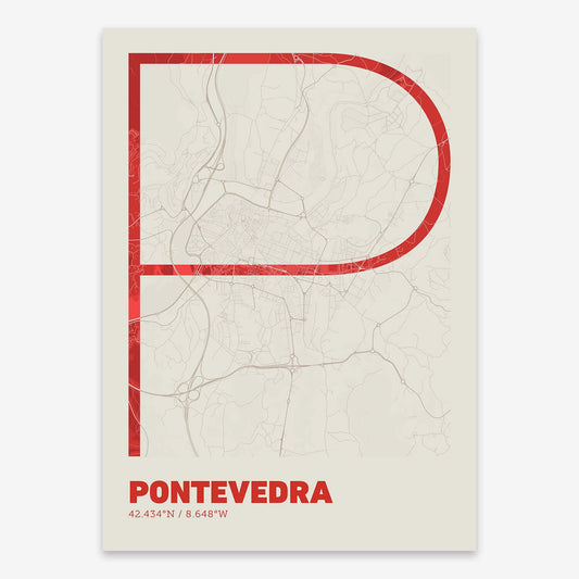 The map of Pontevedra composed with letters in extra light font printed on red and an off-white background