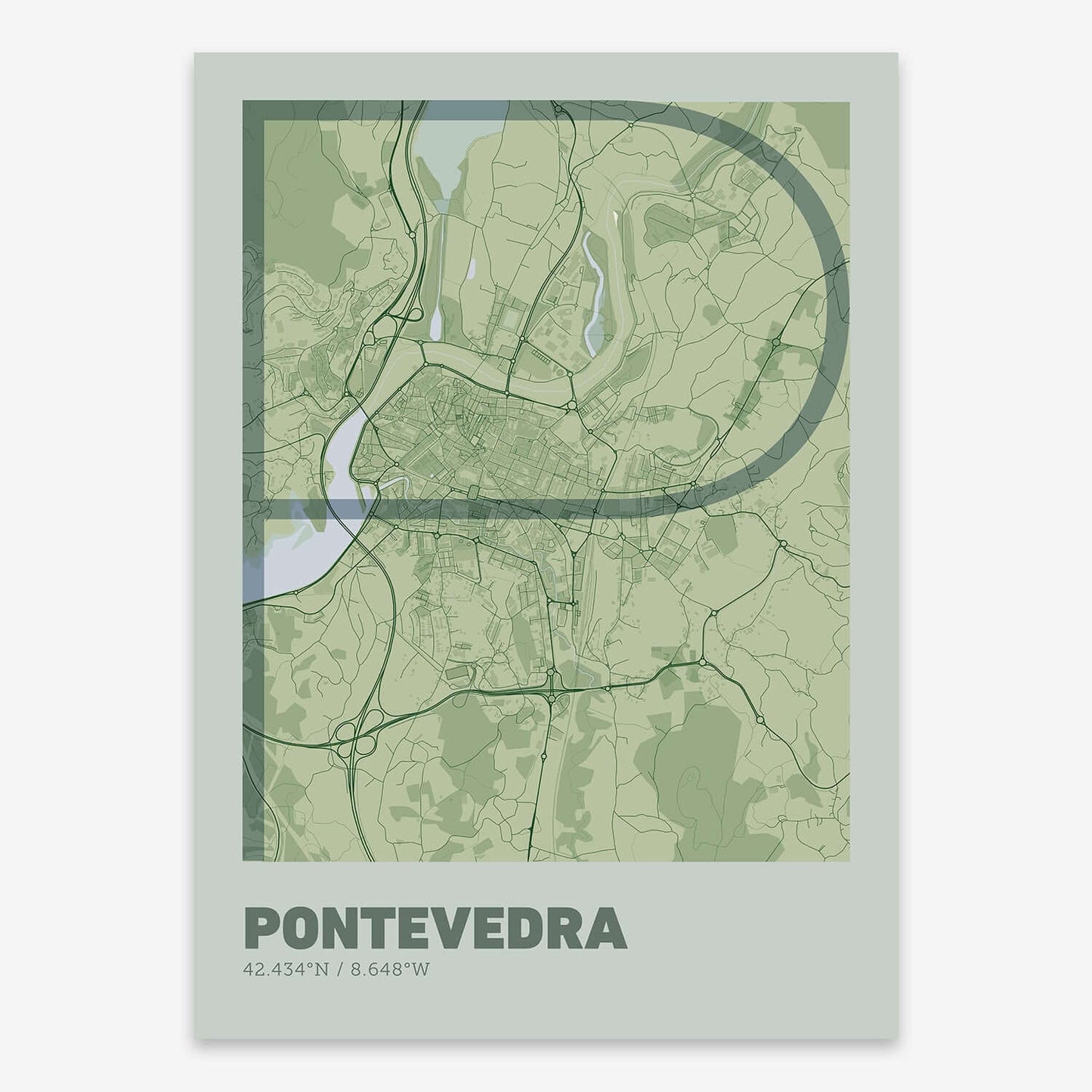 The map of Pontevedra composed with letters in extra light font printed on two green tones