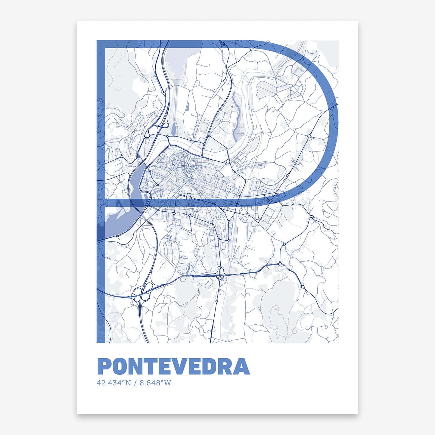 The map of Pontevedra composed with letters in extra light font printed on navy blue and white