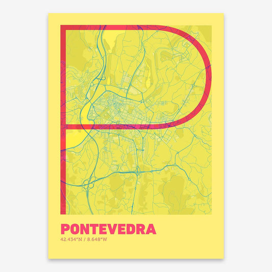 The map of Pontevedra composed with letters in extra light font printed on yellow and fuchsia