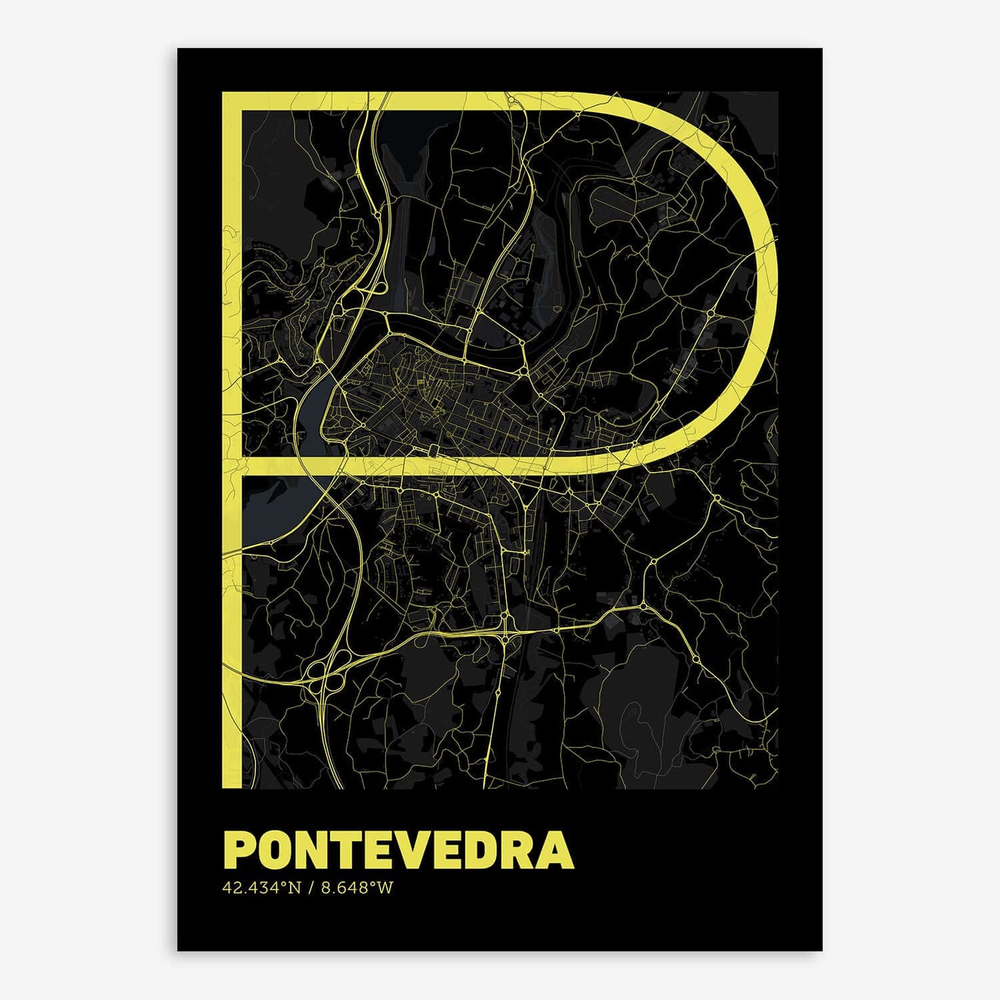 The map of Pontevedra composed with letters in extra light font printed on black and yellow