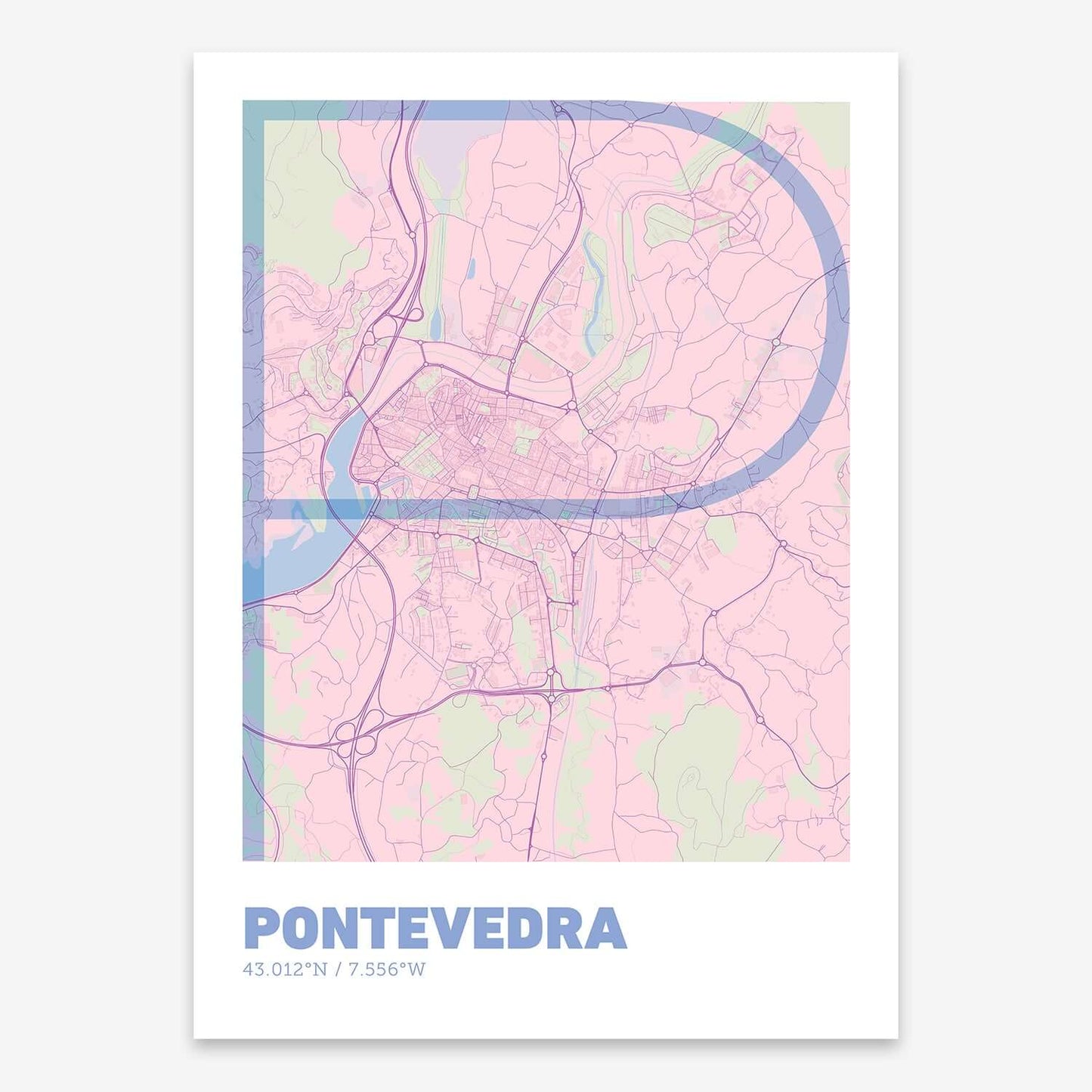 The map of Pontevedra composed with letters in extra light font printed on pink and light blue