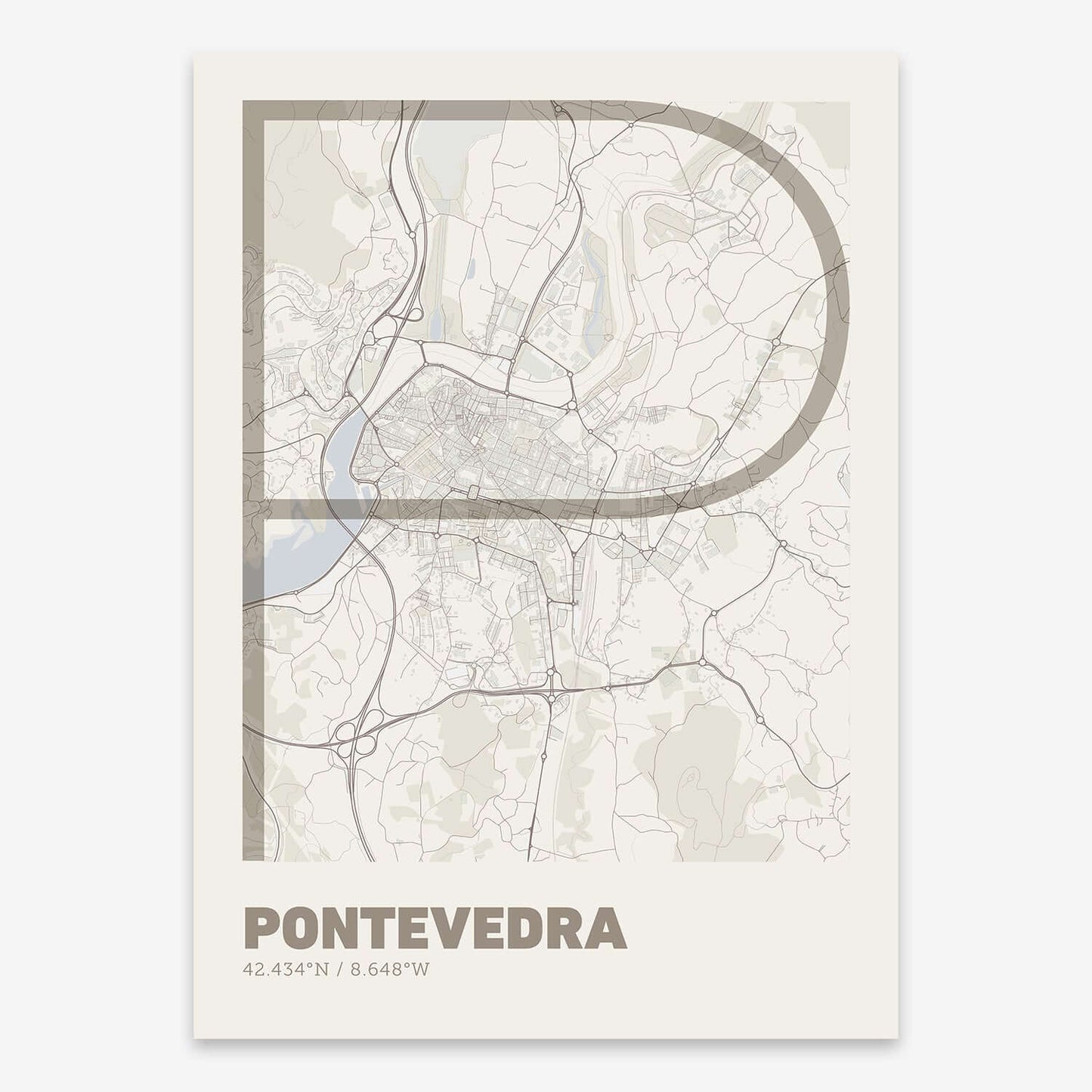 The map of Pontevedra composed with letters in extra light font printed on light brown and an off-white background