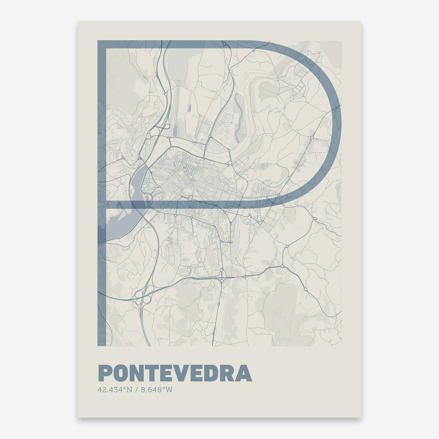 The map of Pontevedra composed with letters in extra light font printed on bluish gray and an off-white background