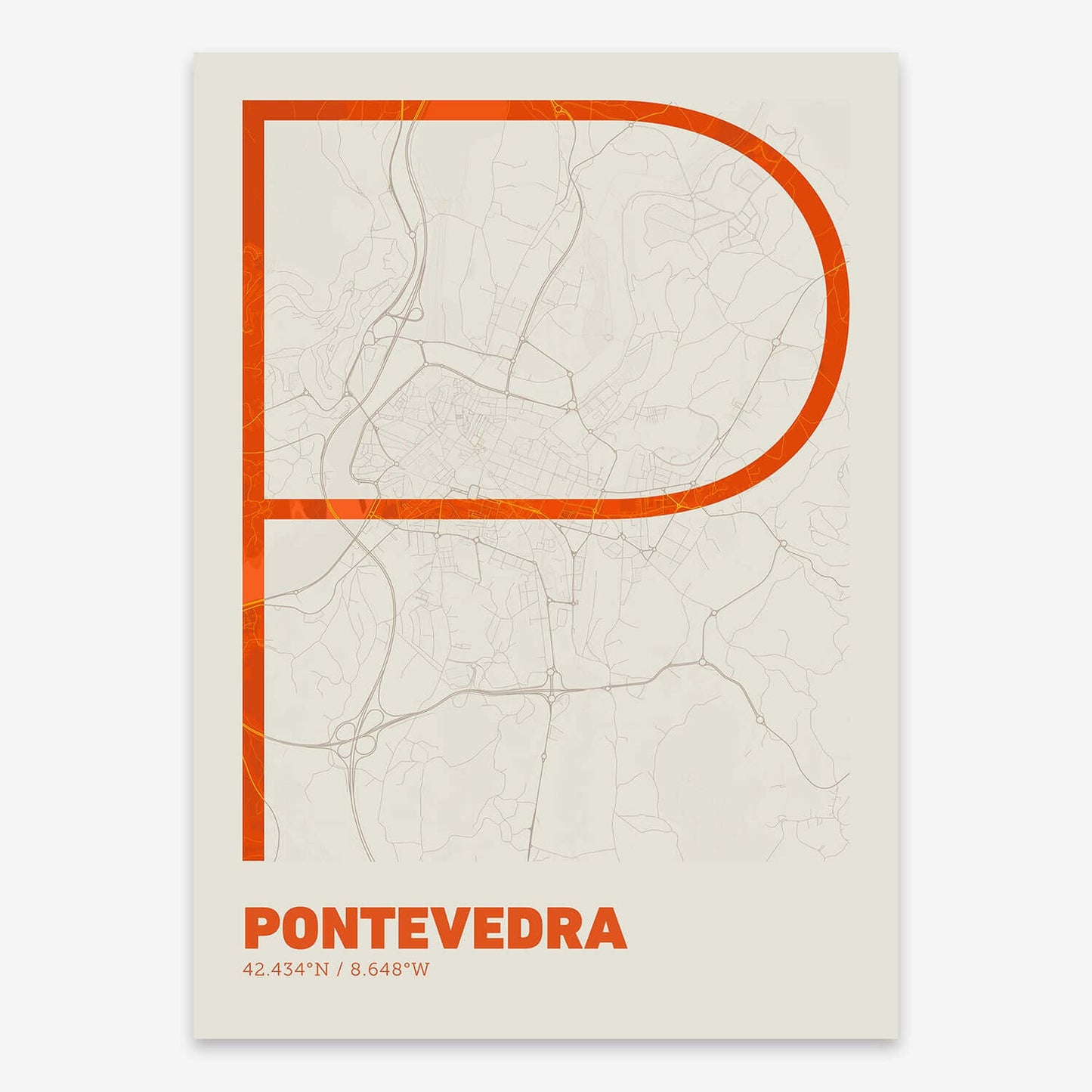 The map of Pontevedra composed with letters in extra light font printed on orange and an off-white background