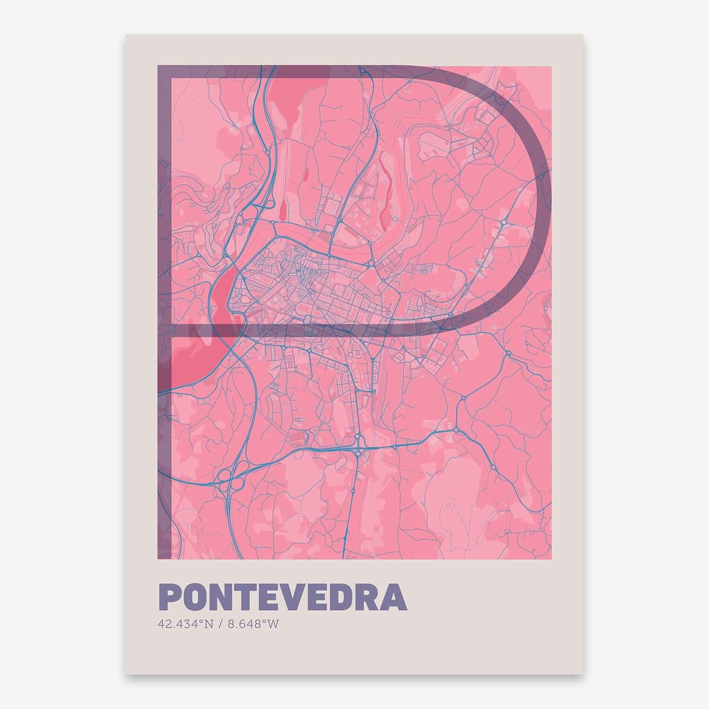 The map of Pontevedra composed with letters in extra light font printed on violet y pink background