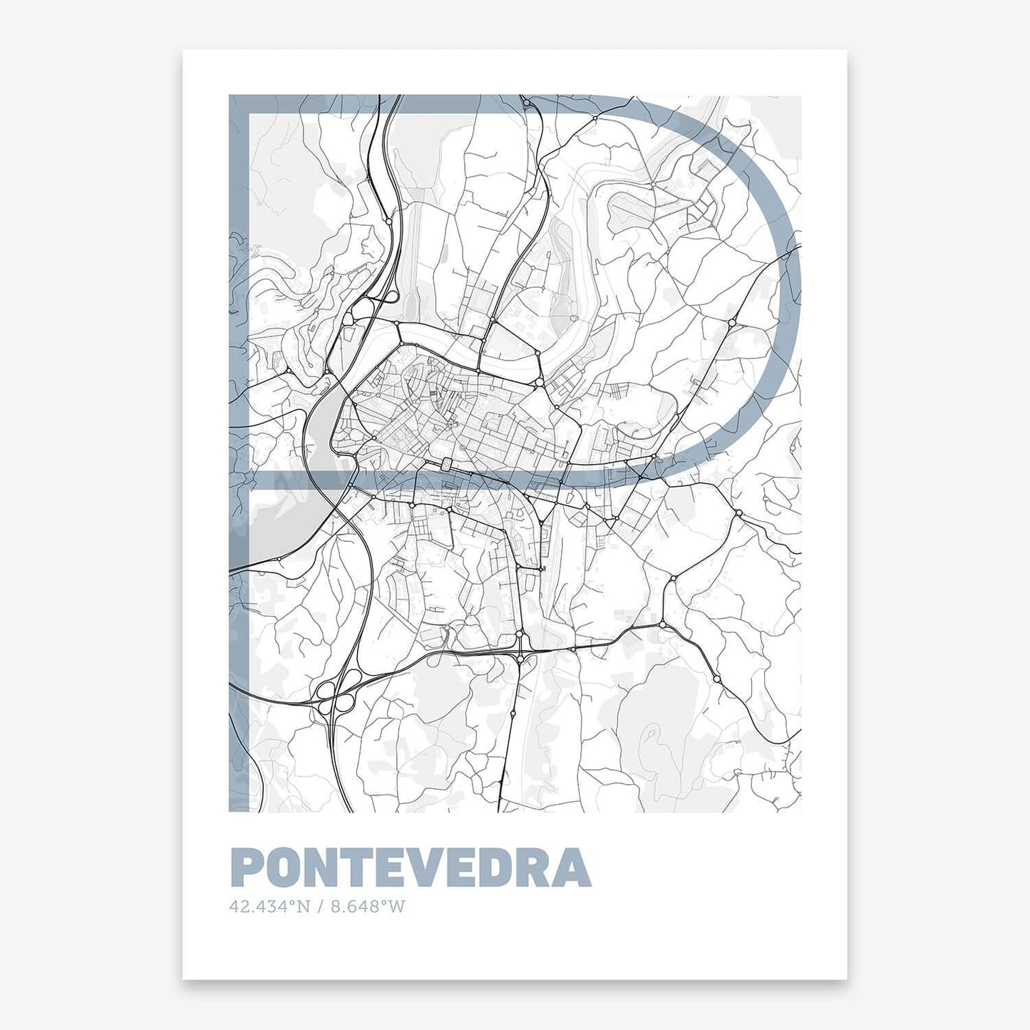 The map of Pontevedra composed with letters in extra light font printed on black and white