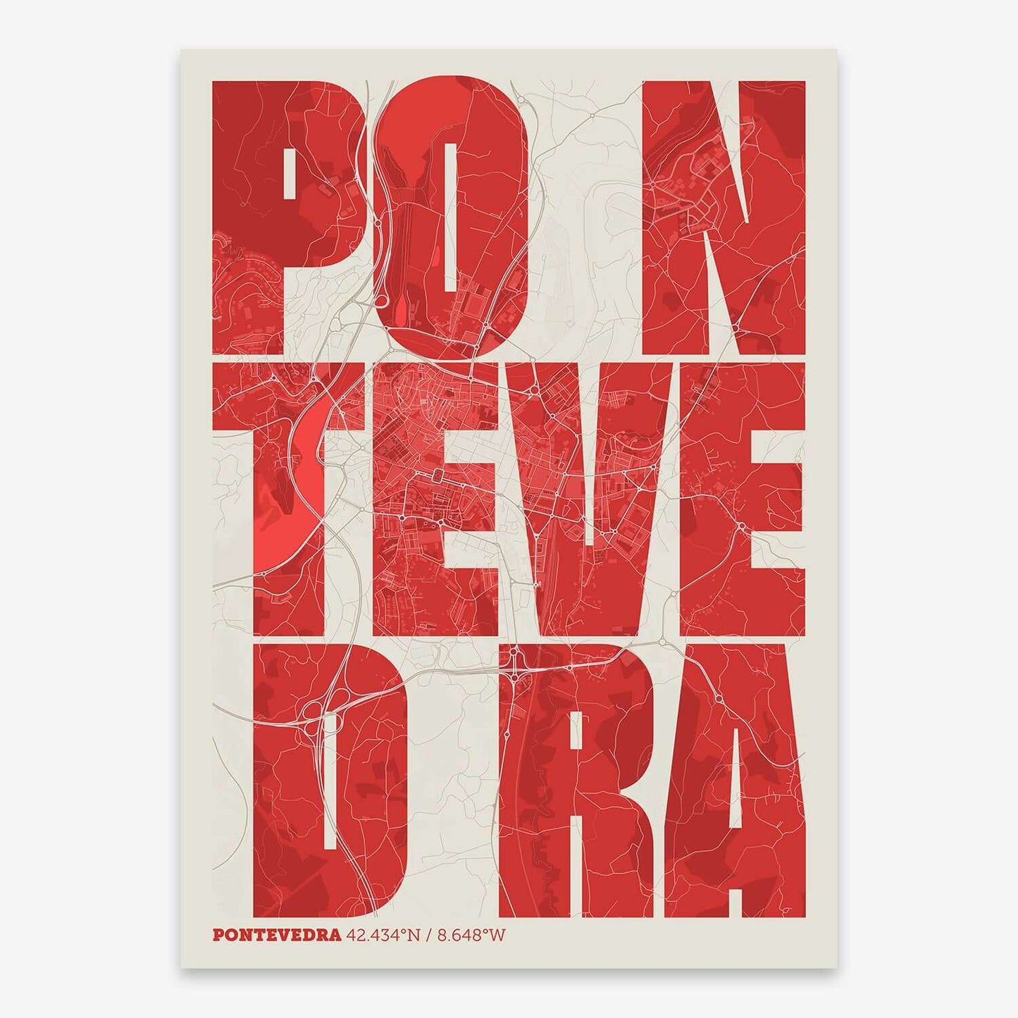 The map of Pontevedra with letters of its name placed randomly, designed in red and an off-white background