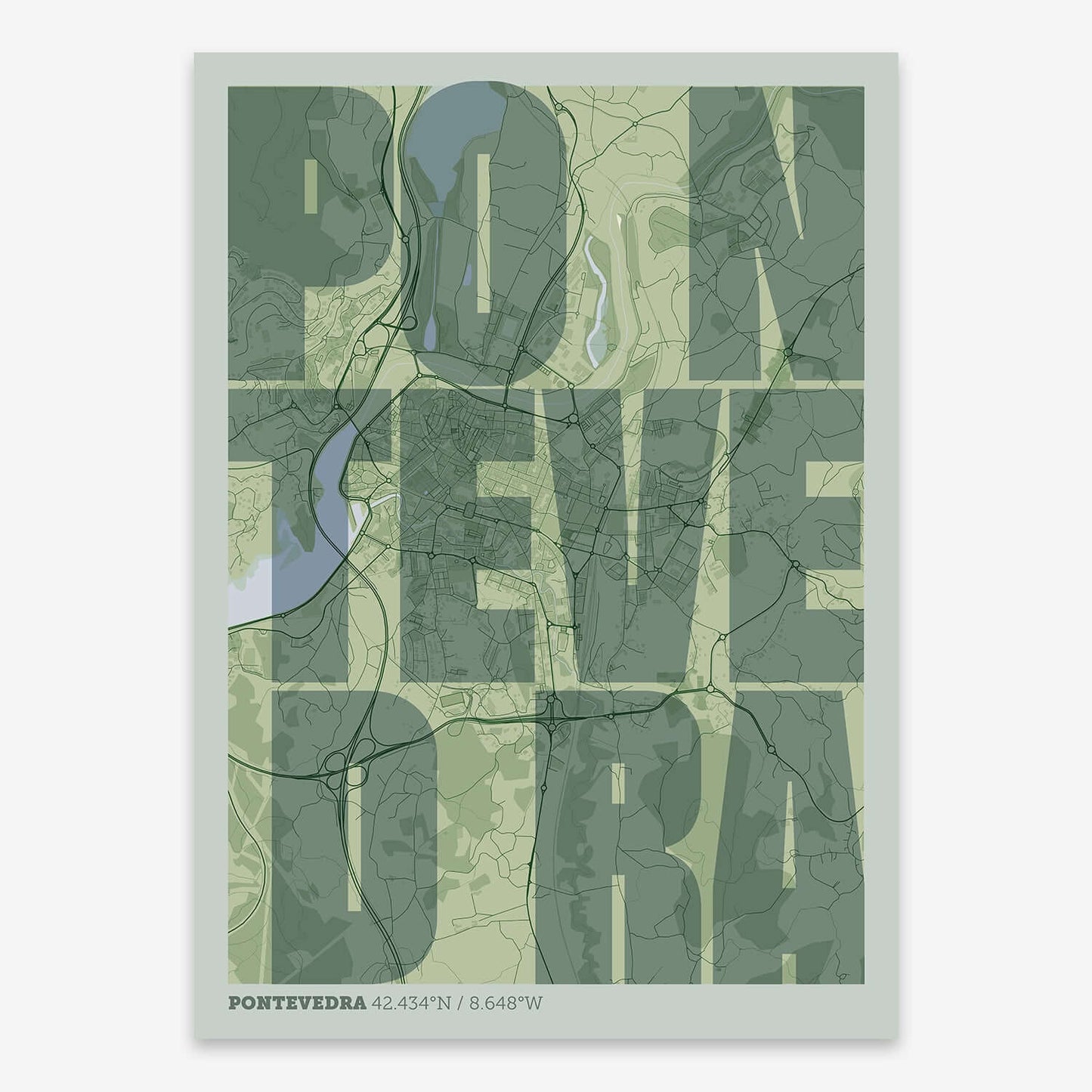 The map of Pontevedra with letters of its name placed randomly, designed in two green tones