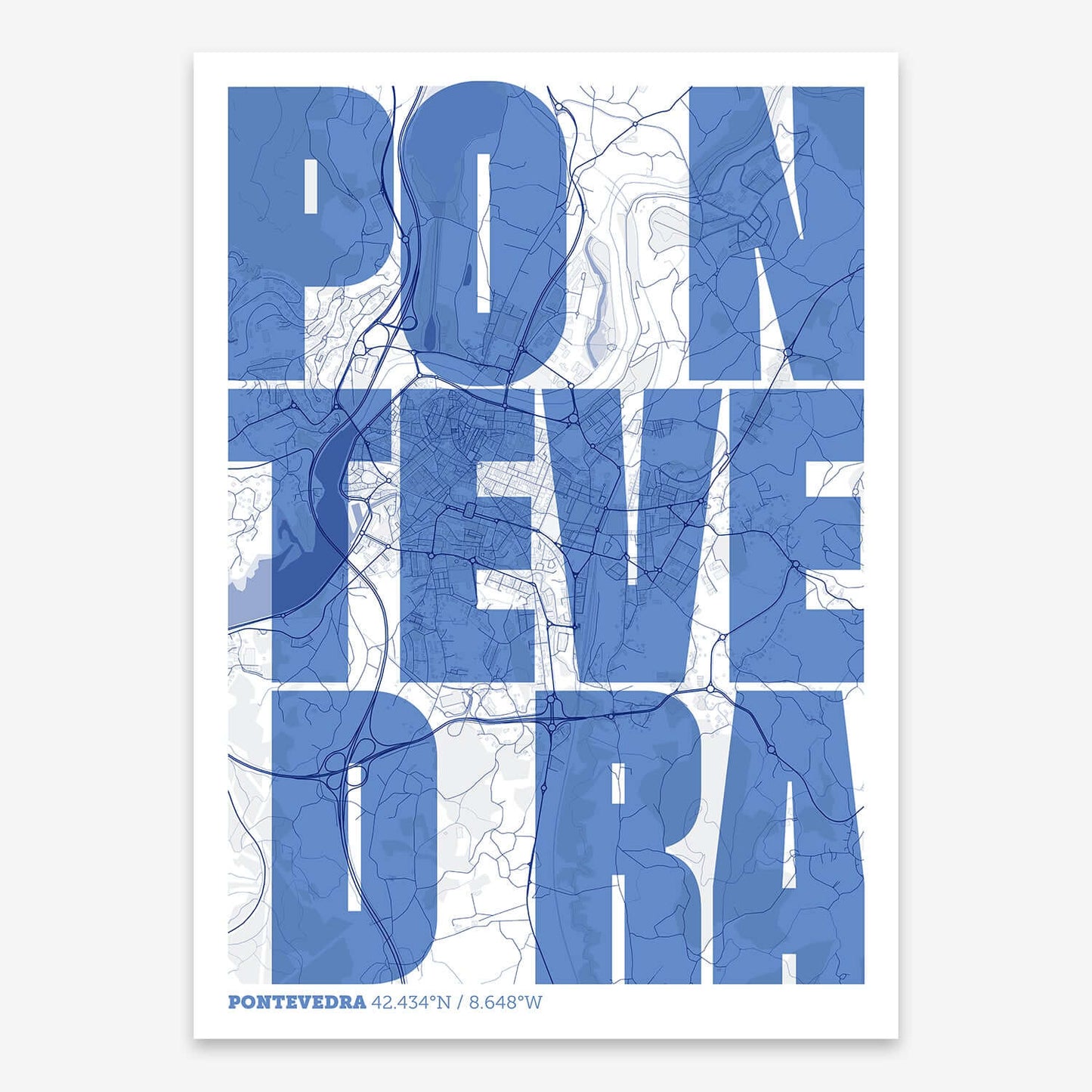 The map of Pontevedra with letters of its name placed randomly, designed in navy blue and white