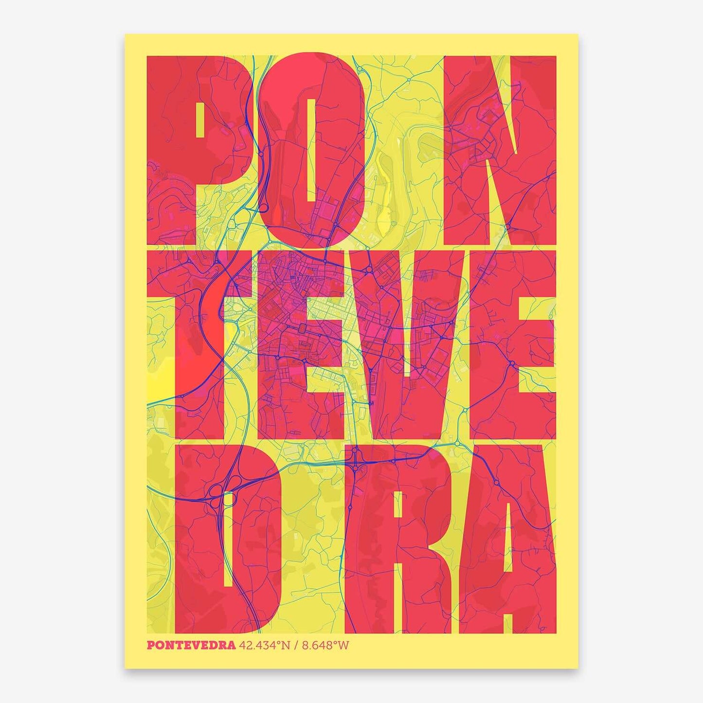 The map of Pontevedra with letters of its name placed randomly, designed in yellow and fuchsia
