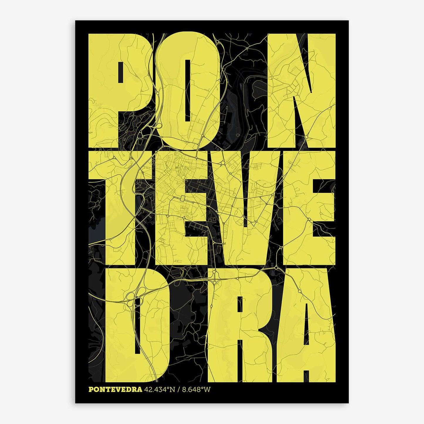 The map of Pontevedra with letters of its name placed randomly, designed in black and yellow