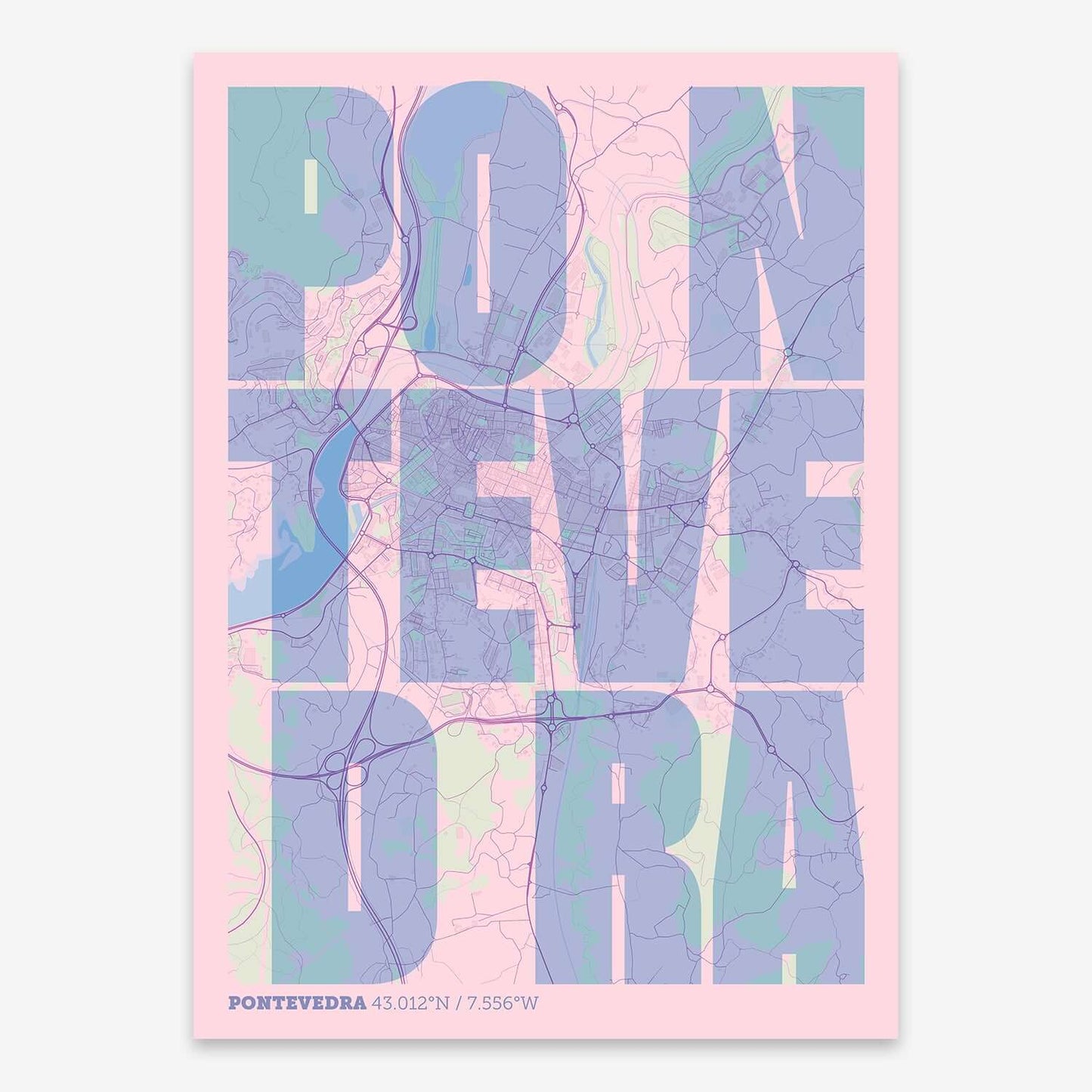 The map of Pontevedra with letters of its name placed randomly, designed in pink and light blue