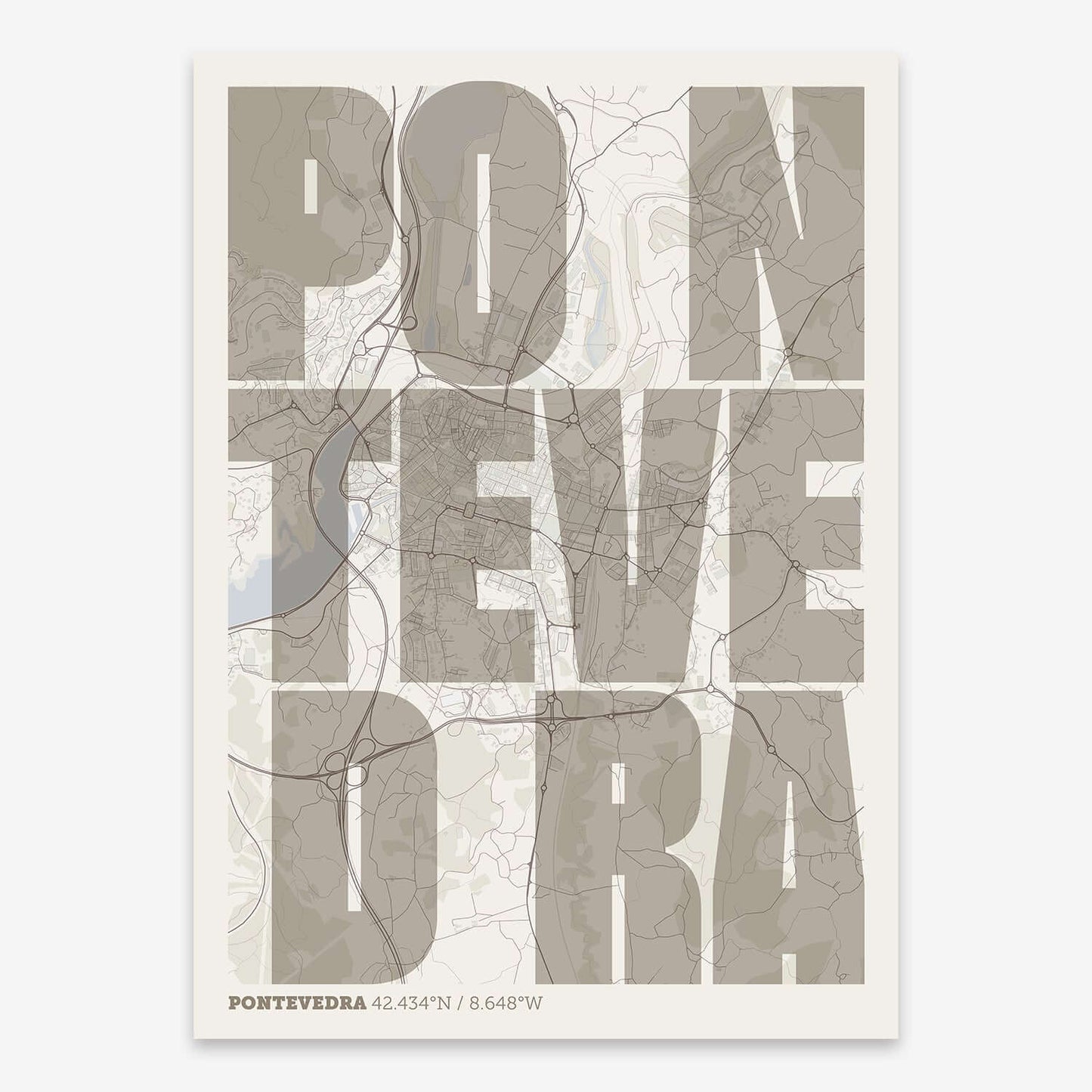 The map of Pontevedra with letters of its name placed randomly, designed in light brown and an off-white background