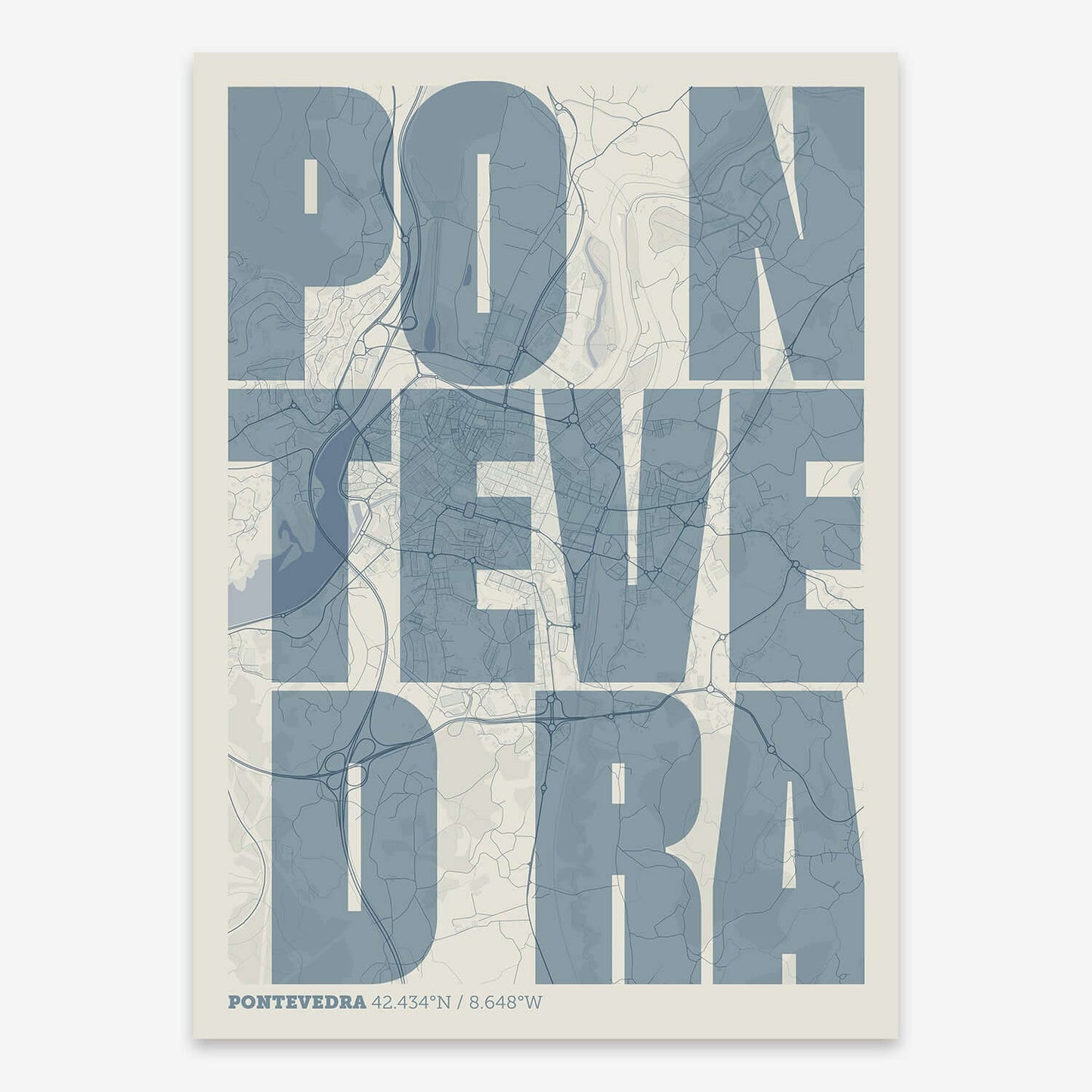The map of Pontevedra with letters of its name placed randomly, designed in bluish gray and an off-white background