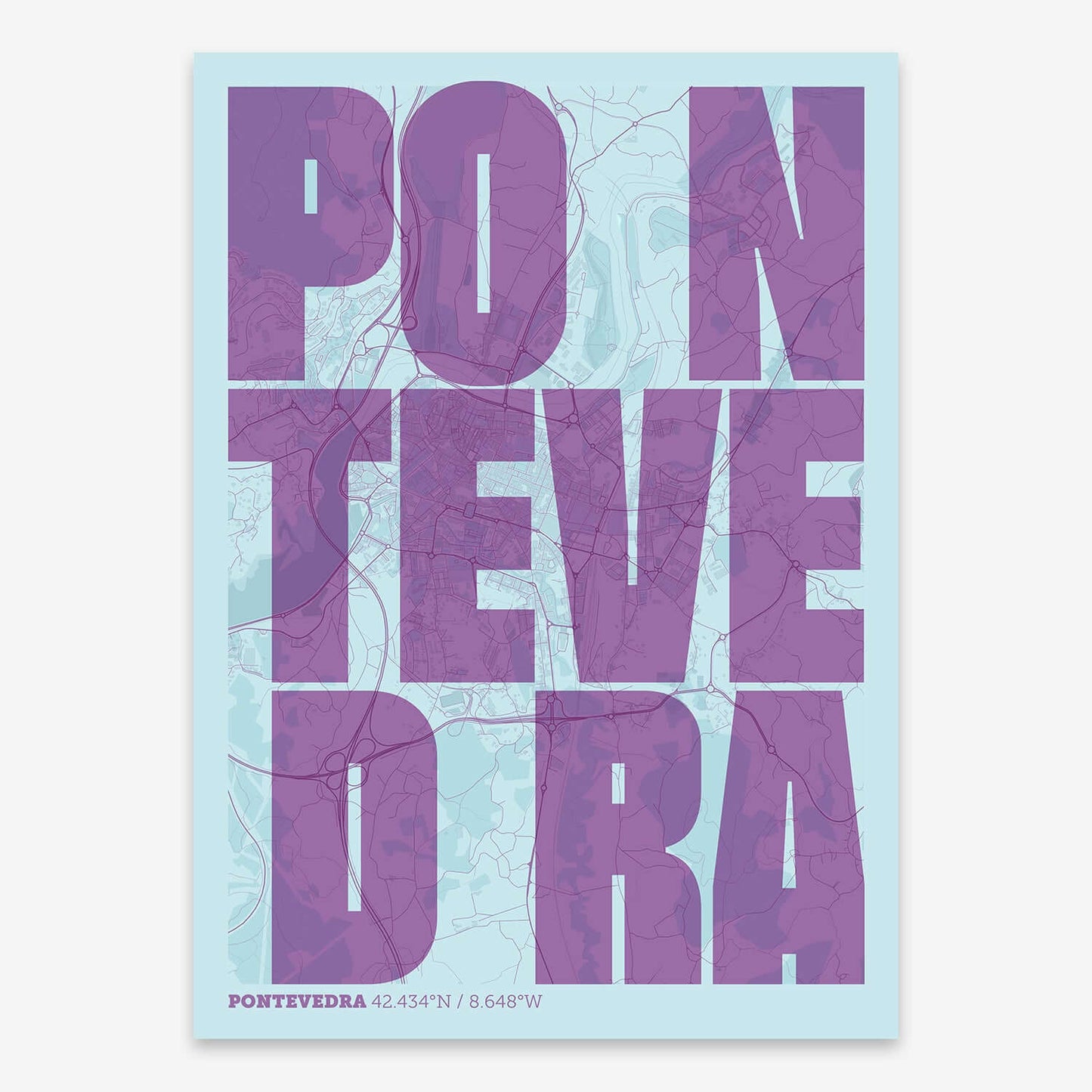 The map of Pontevedra with letters of its name placed randomly, designed in purple and light blue