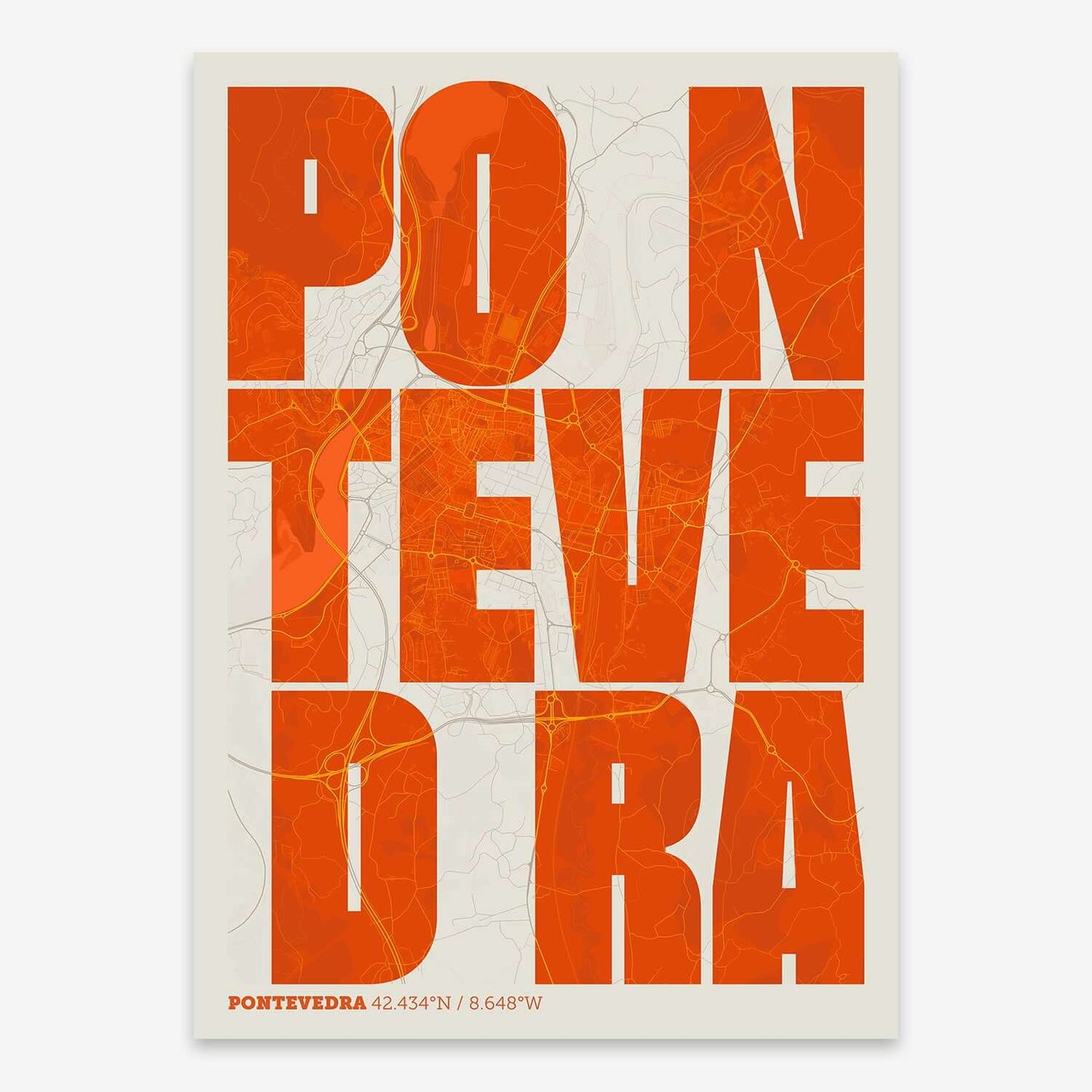 The map of Pontevedra with letters of its name placed randomly, designed in orange and an off-white background