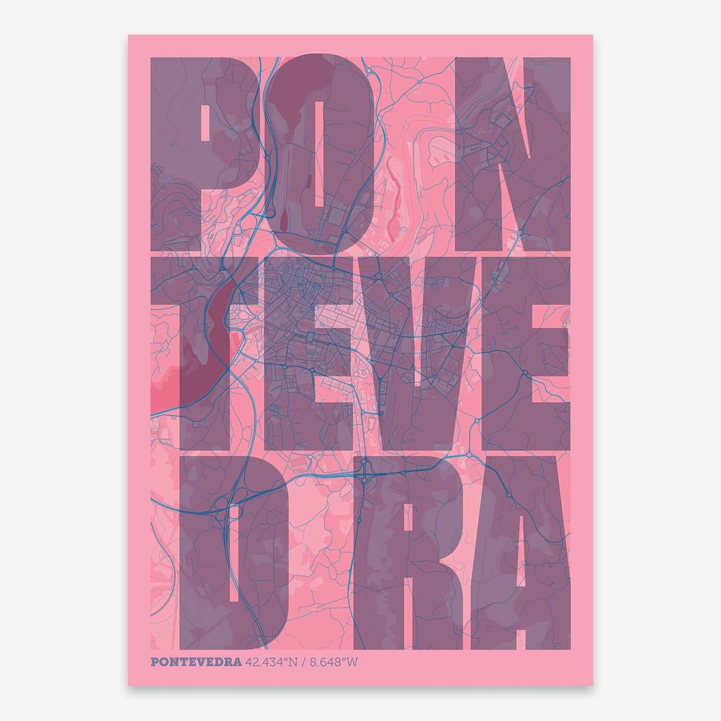 The map of Pontevedra with letters of its name placed randomly, designed in violet y pink background