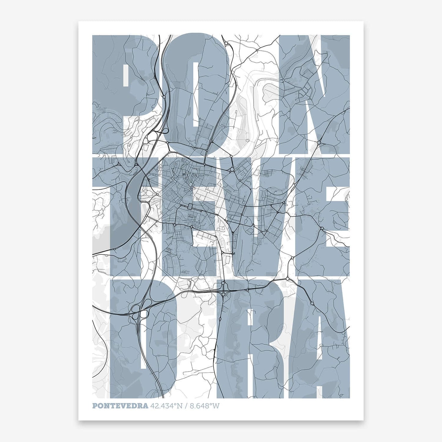 The map of Pontevedra with letters of its name placed randomly, designed in black and white