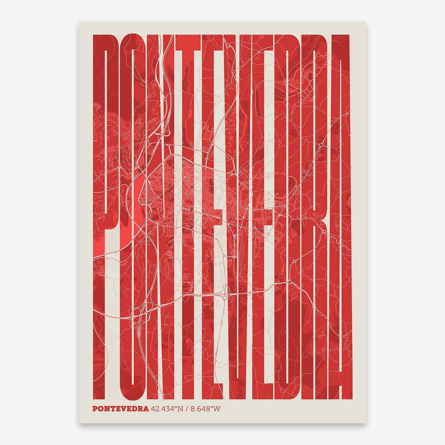 The map of Pontevedra and letters of its name in a giclée print designed in red and an off-white background