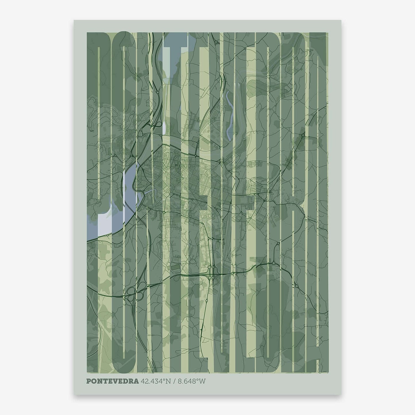 The map of Pontevedra and letters of its name in a giclée print designed in two green tones