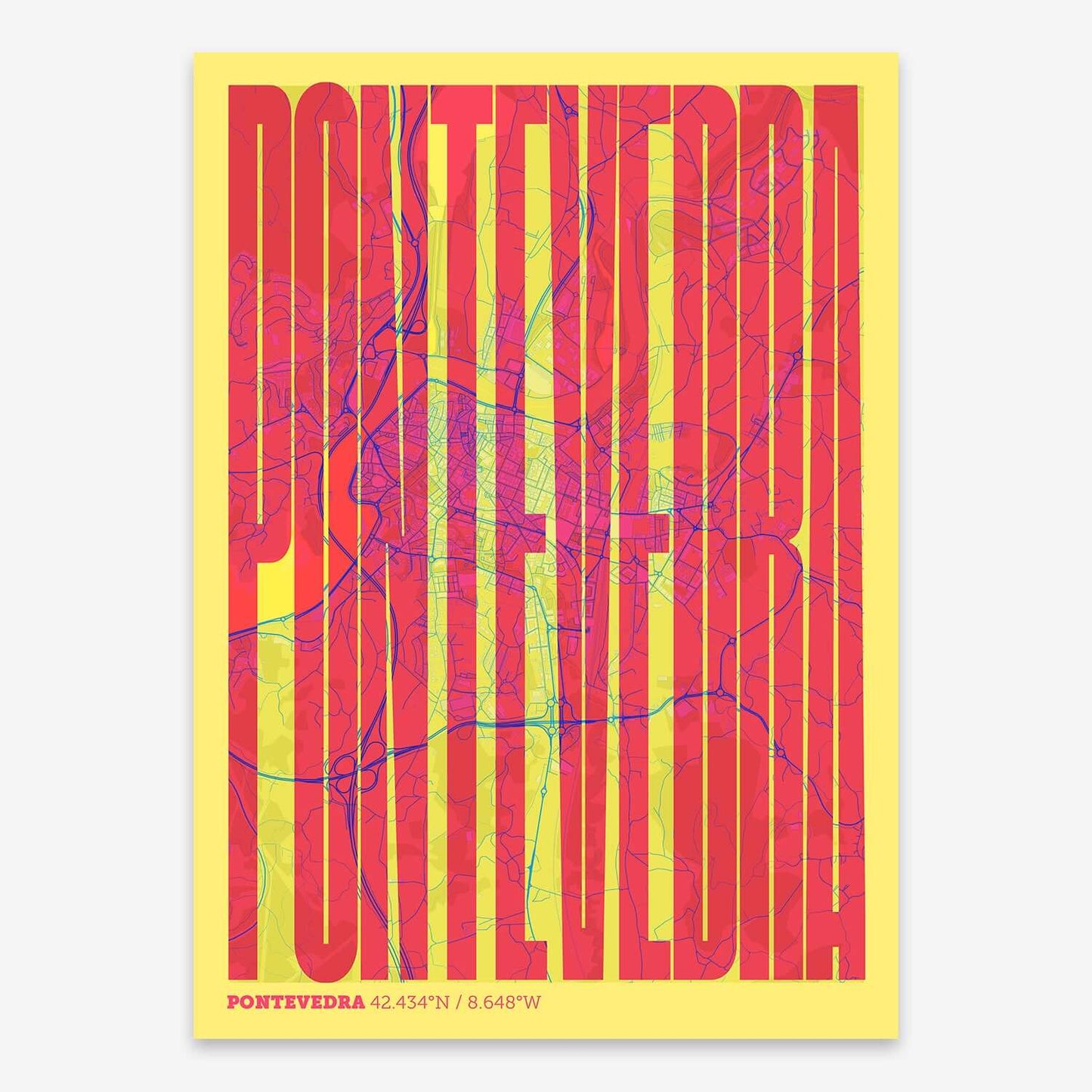 The map of Pontevedra and letters of its name in a giclée print designed in yellow and fuchsia