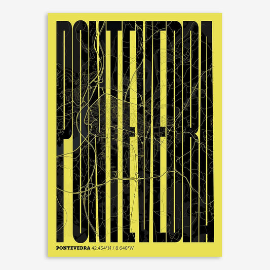 The map of Pontevedra and letters of its name in a giclée print designed in black and yellow