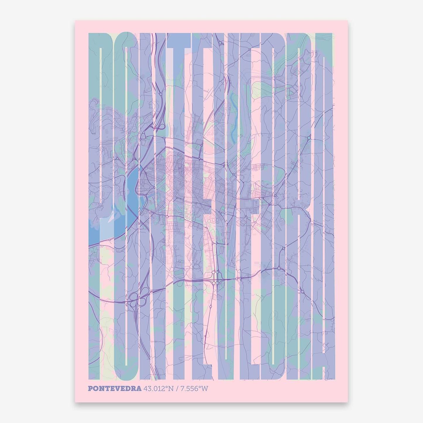 The map of Pontevedra and letters of its name in a giclée print designed in pink and light blue