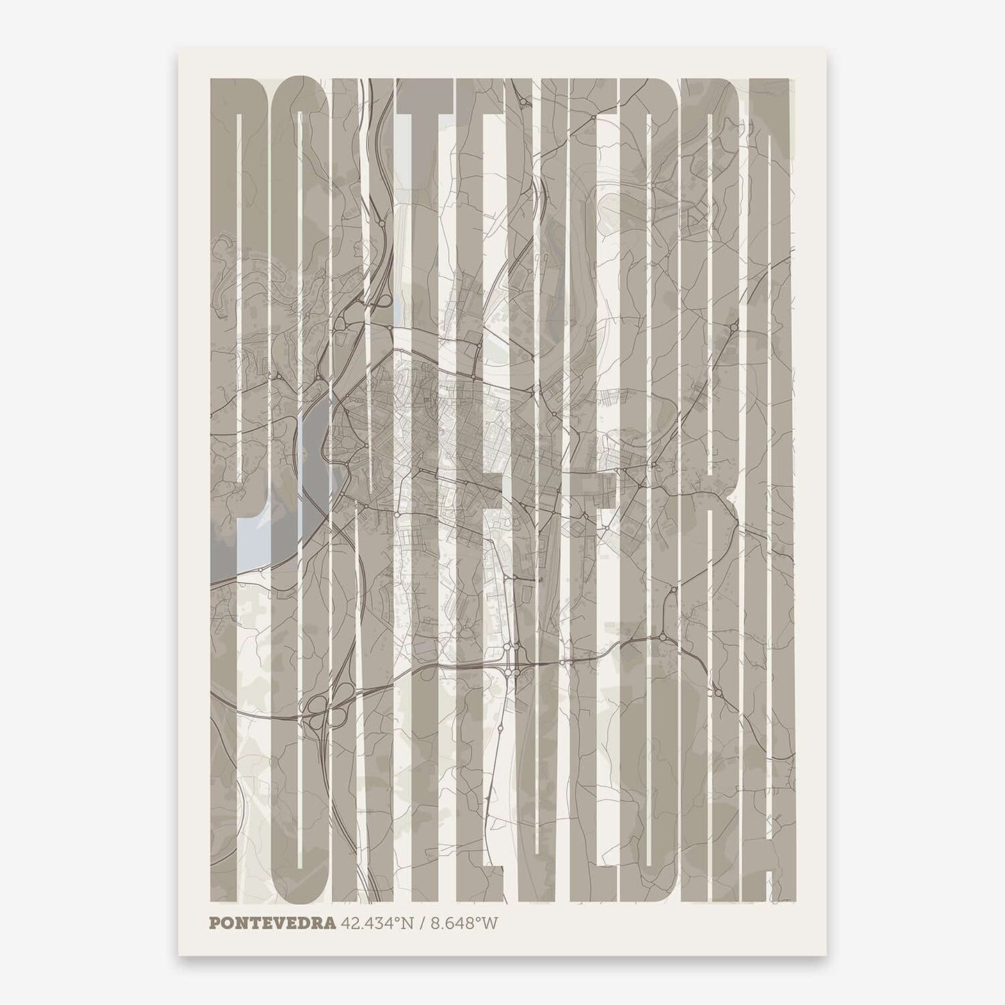 The map of Pontevedra and letters of its name in a giclée print designed in light brown and an off-white background