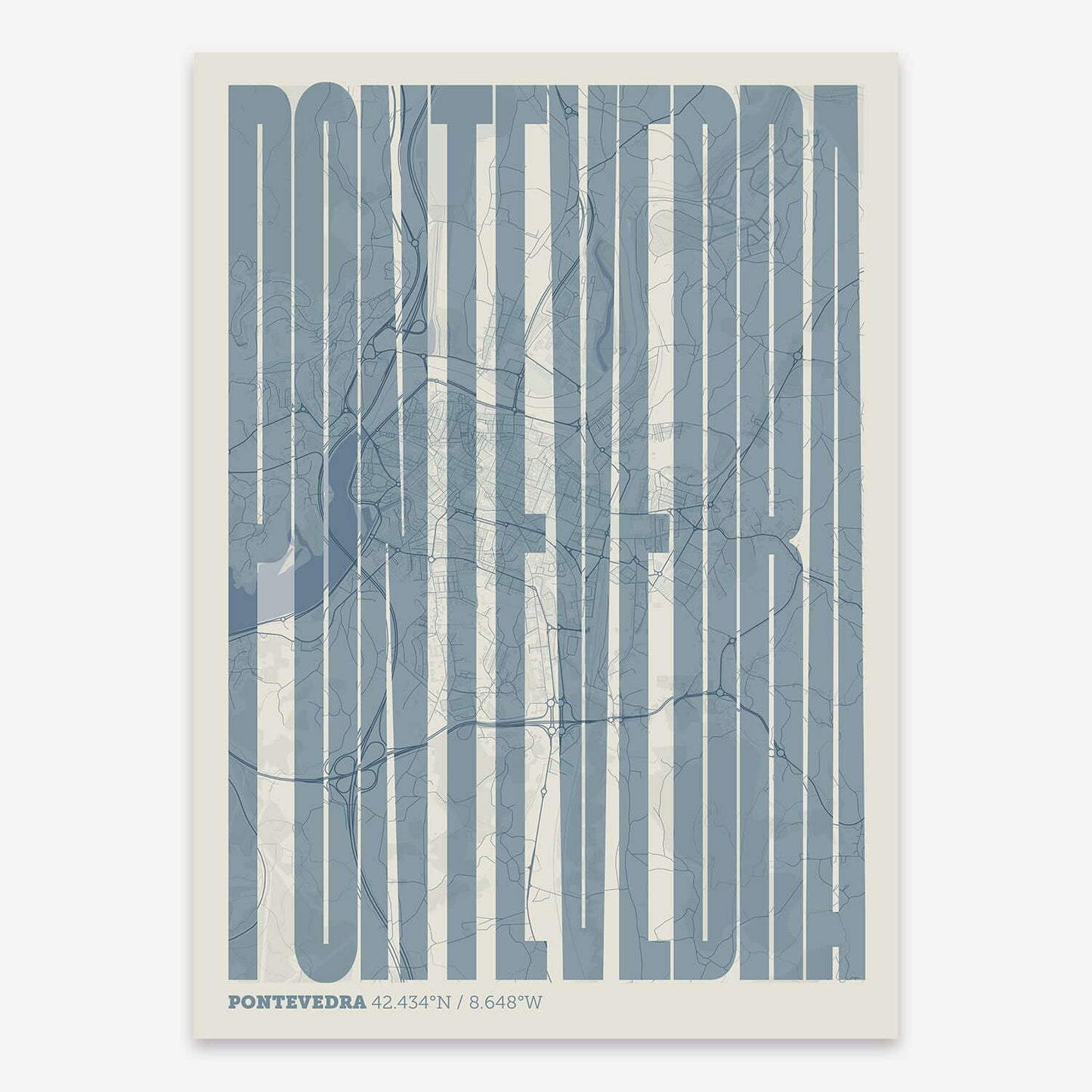 The map of Pontevedra and letters of its name in a giclée print designed in bluish gray and an off-white background