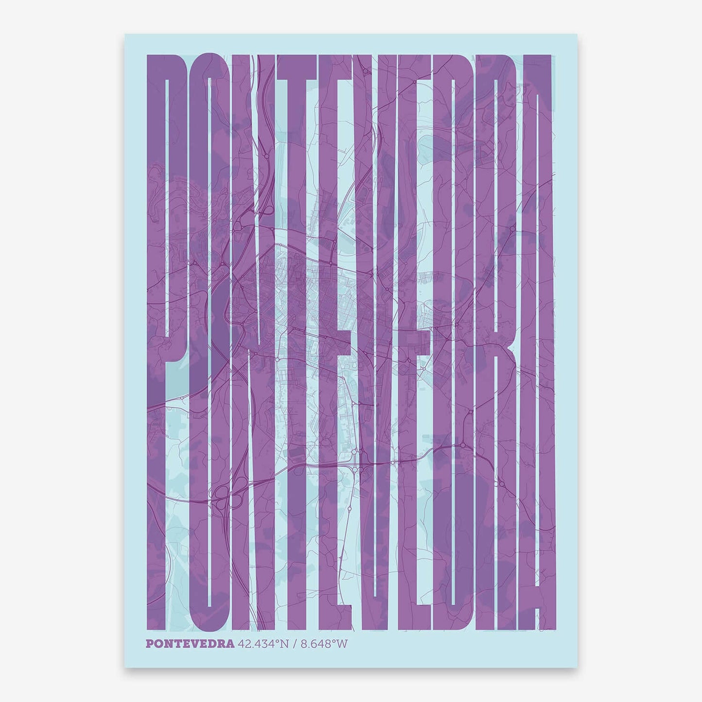The map of Pontevedra and letters of its name in a giclée print designed in purple and light blue
