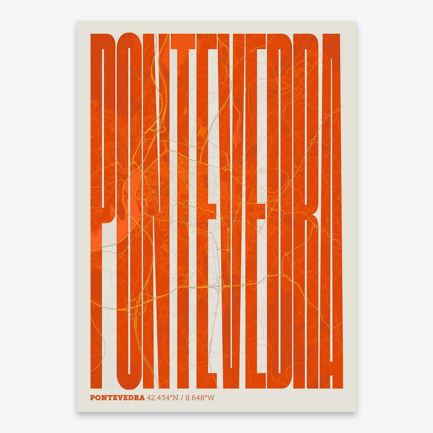 The map of Pontevedra and letters of its name in a giclée print designed in orange and an off-white background