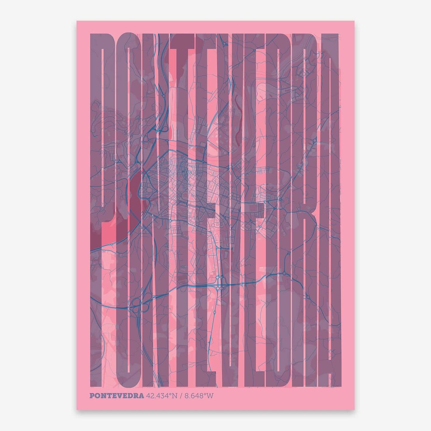 The map of Pontevedra and letters of its name in a giclée print designed in violet y pink background