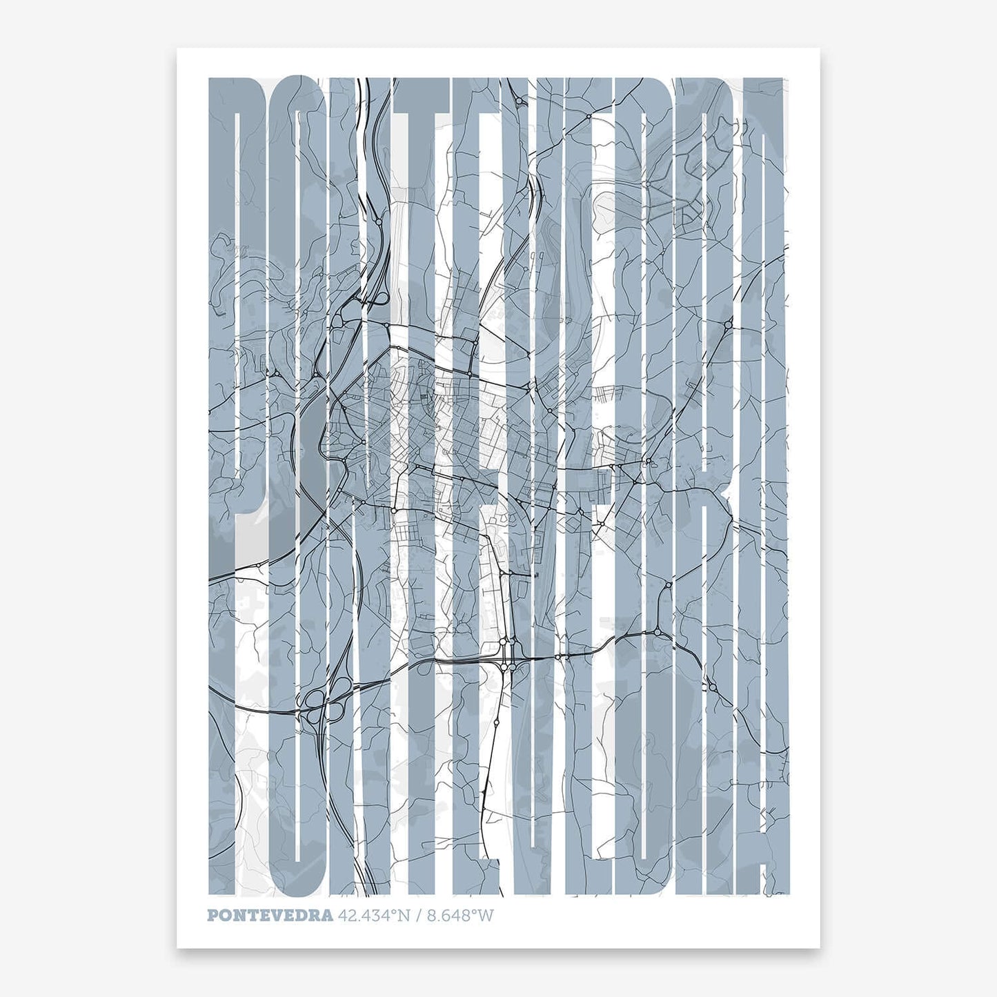 The map of Pontevedra and letters of its name in a giclée print designed in black and white