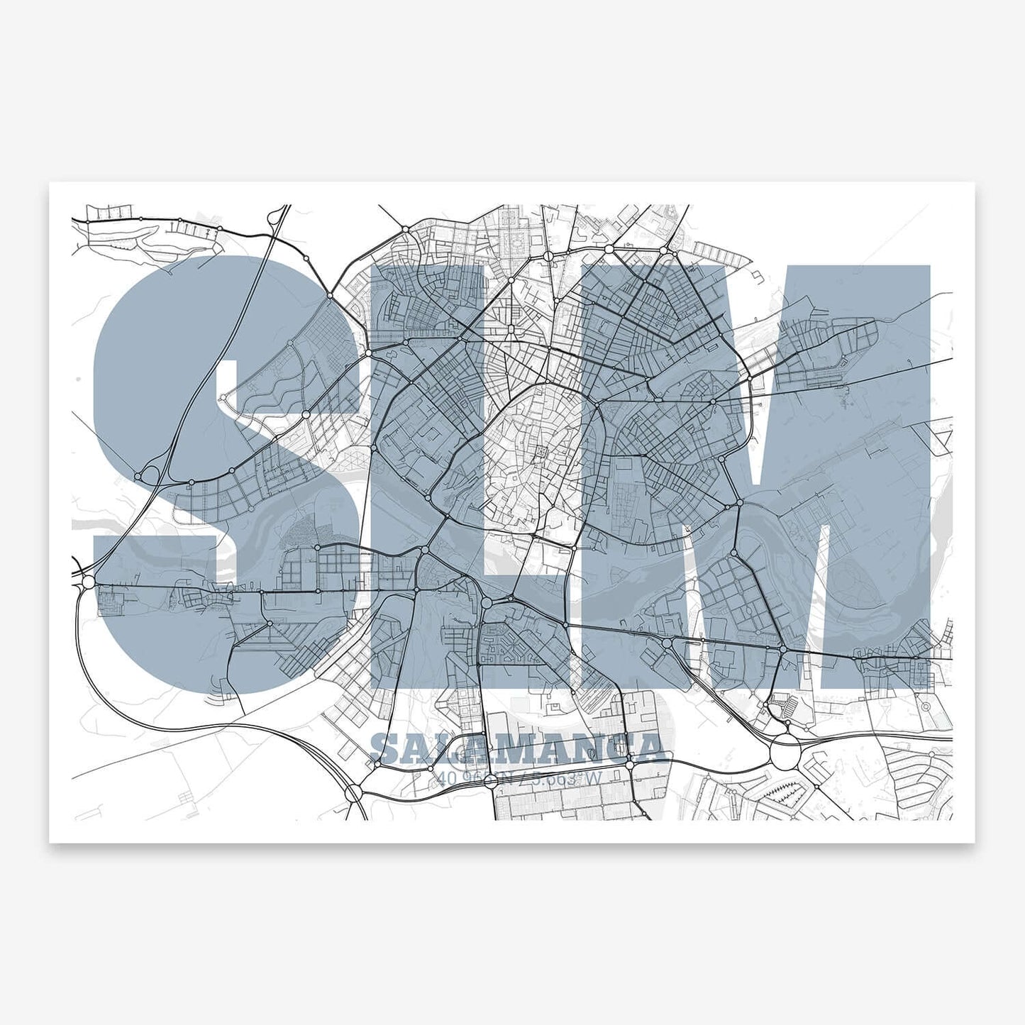 The map of Salamanca composed with letters in a heavy geometric font printed on black and white