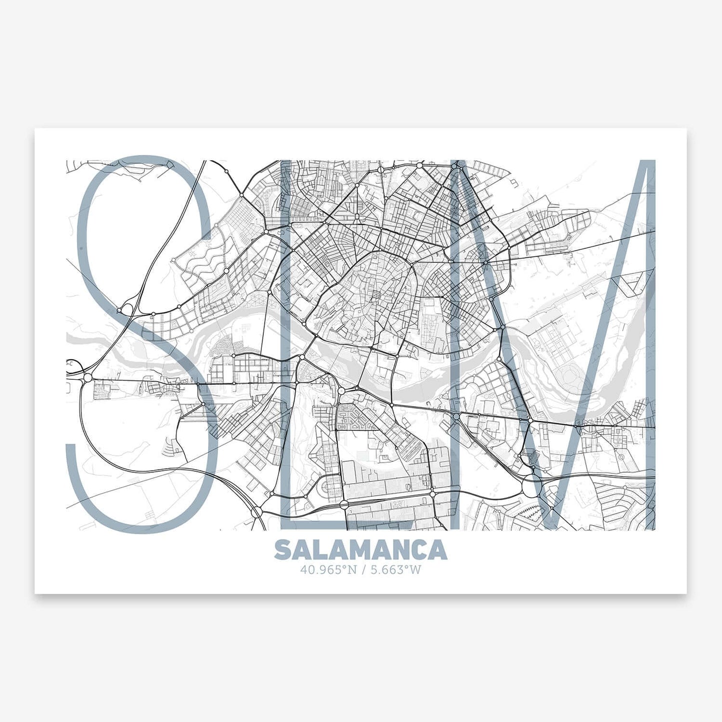 The map of Salamanca composed with letters in extra light font printed on black and white