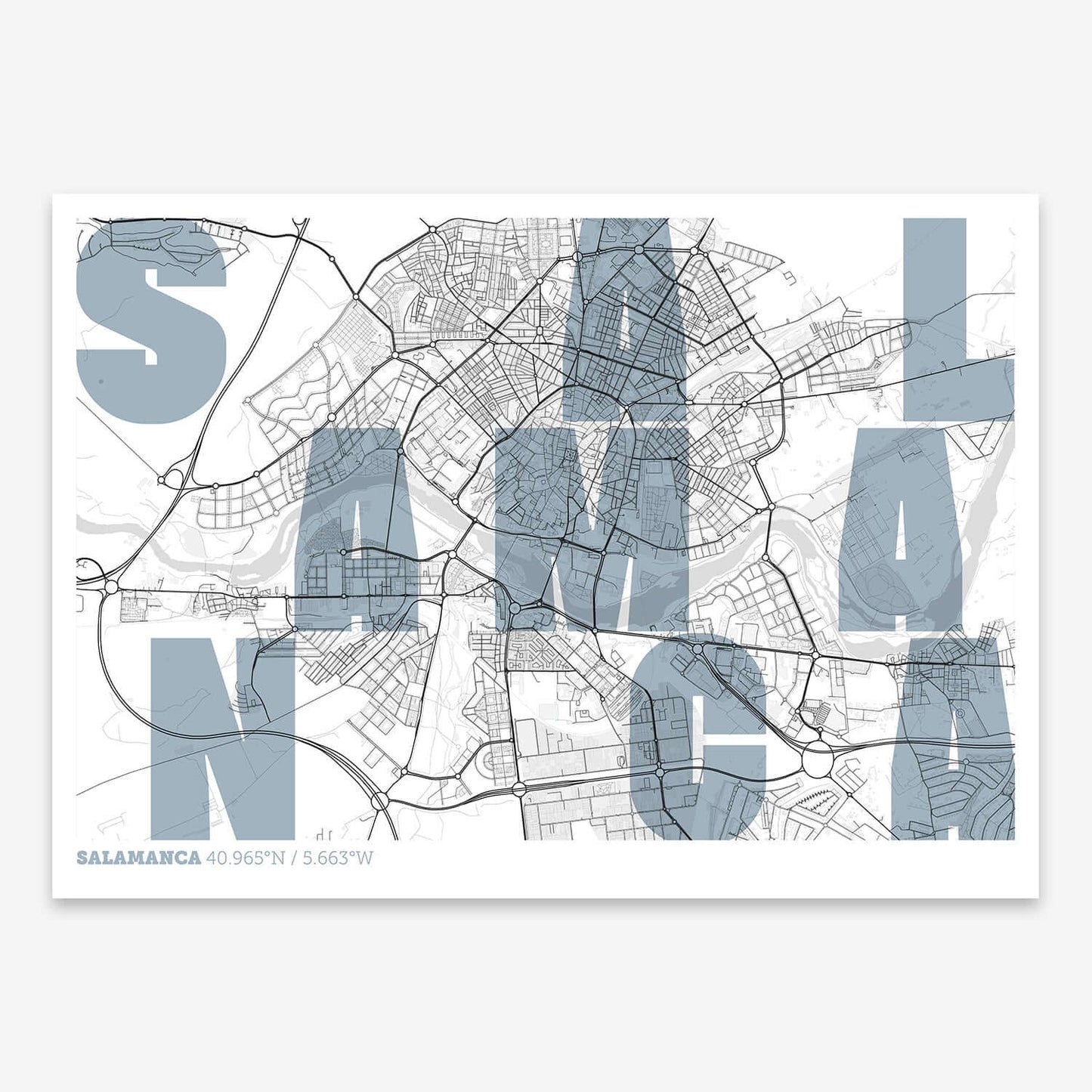 The map of Salamanca with letters of its name placed randomly, designed in black and white